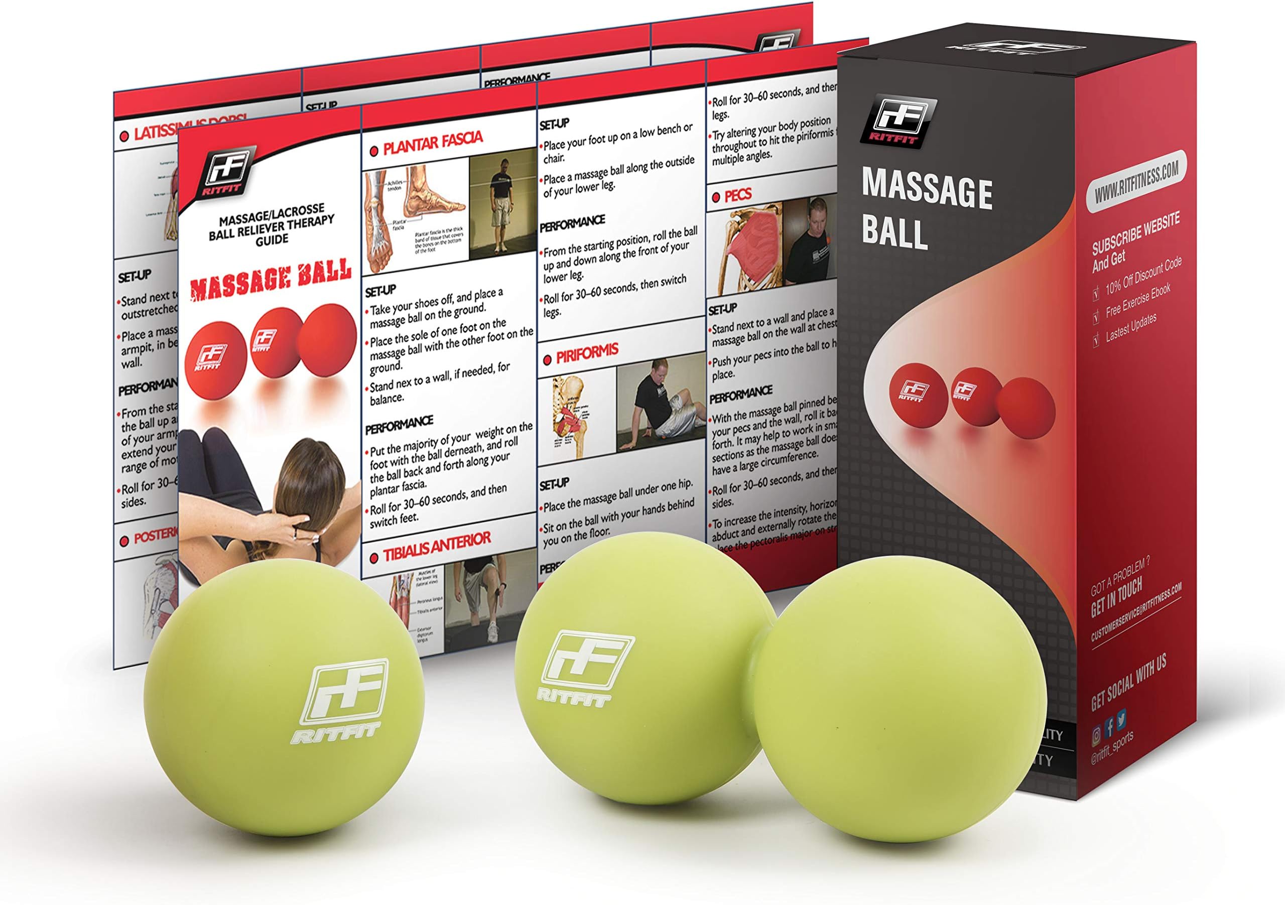 RITFIT Peanut Massage Lacrosse Ball for Myofascial Release, Trigger Point Therapy, Muscle Knots, and Yoga Therapy. Bonus Single Massage Ball (FLGreen/FLGreen)