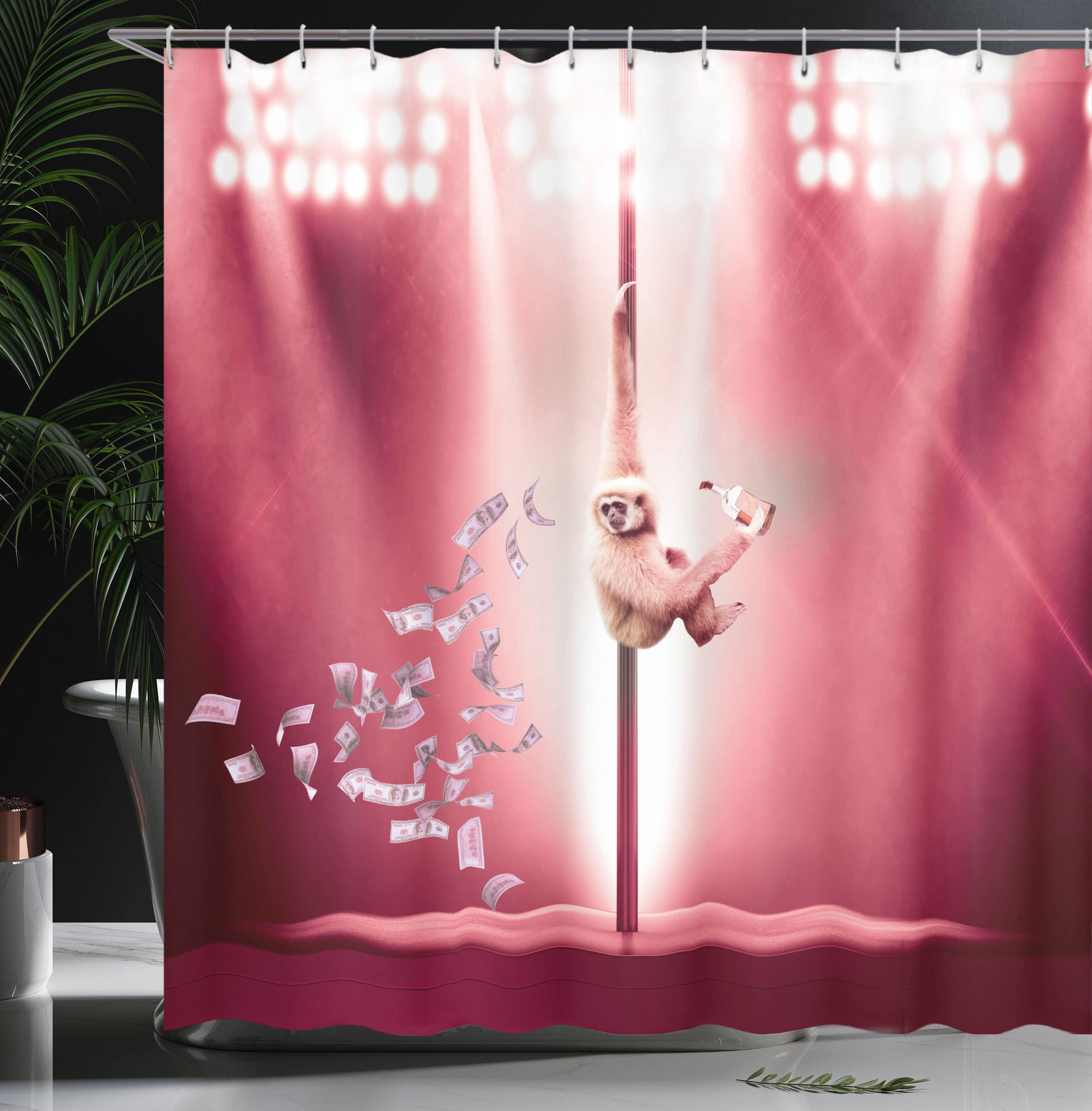 ABAKUHAUS Funny Shower Curtain, Monkey on a Pole Whiskey Pastel Colored Composition Whimsical Motif - Image 3