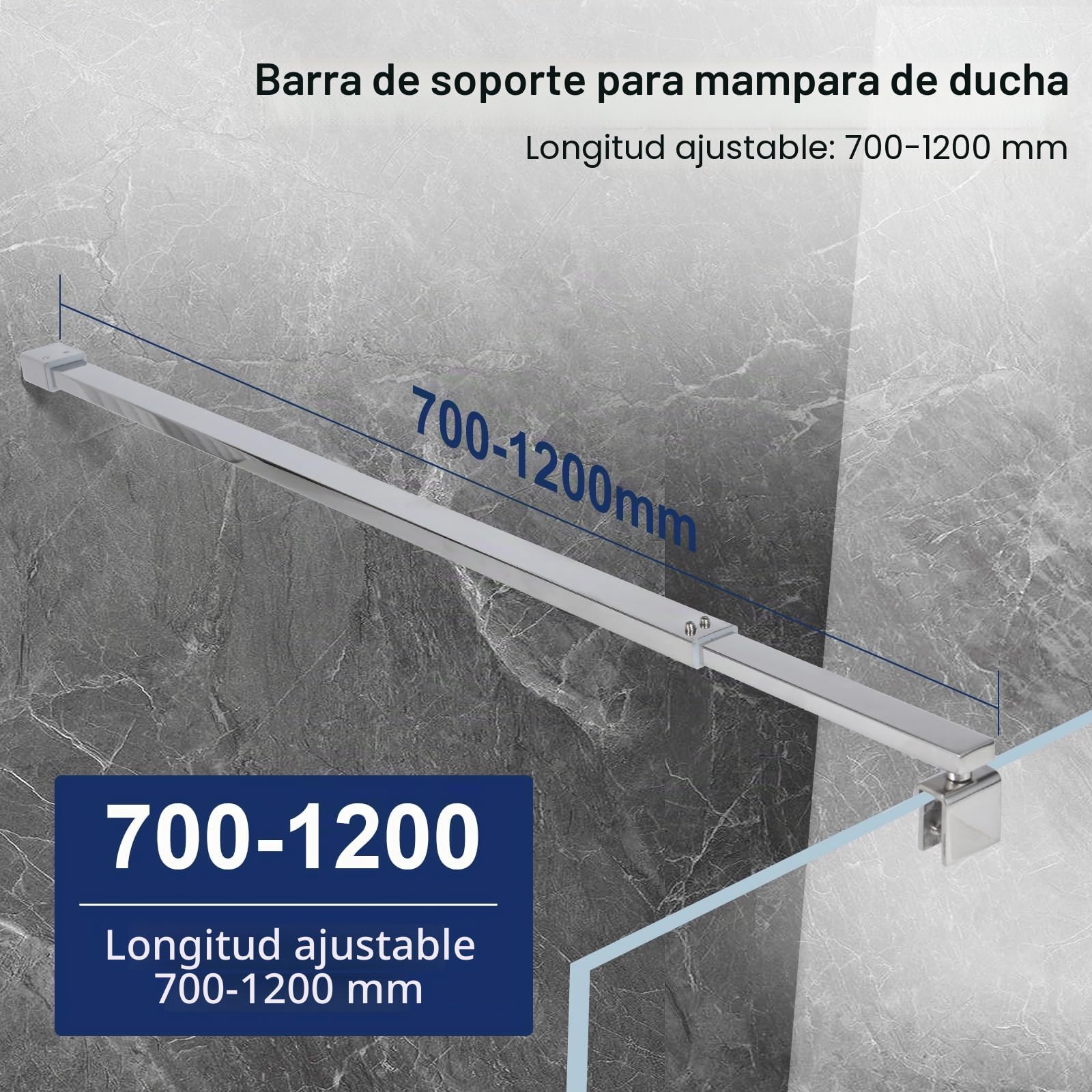 SVNR Barra de soporte telescópica ajustable de acero inoxidable para mampara de ducha, 700 mm-1200 mm, grosor de cristal de 6 a 10 mm (cuadrado plateado)