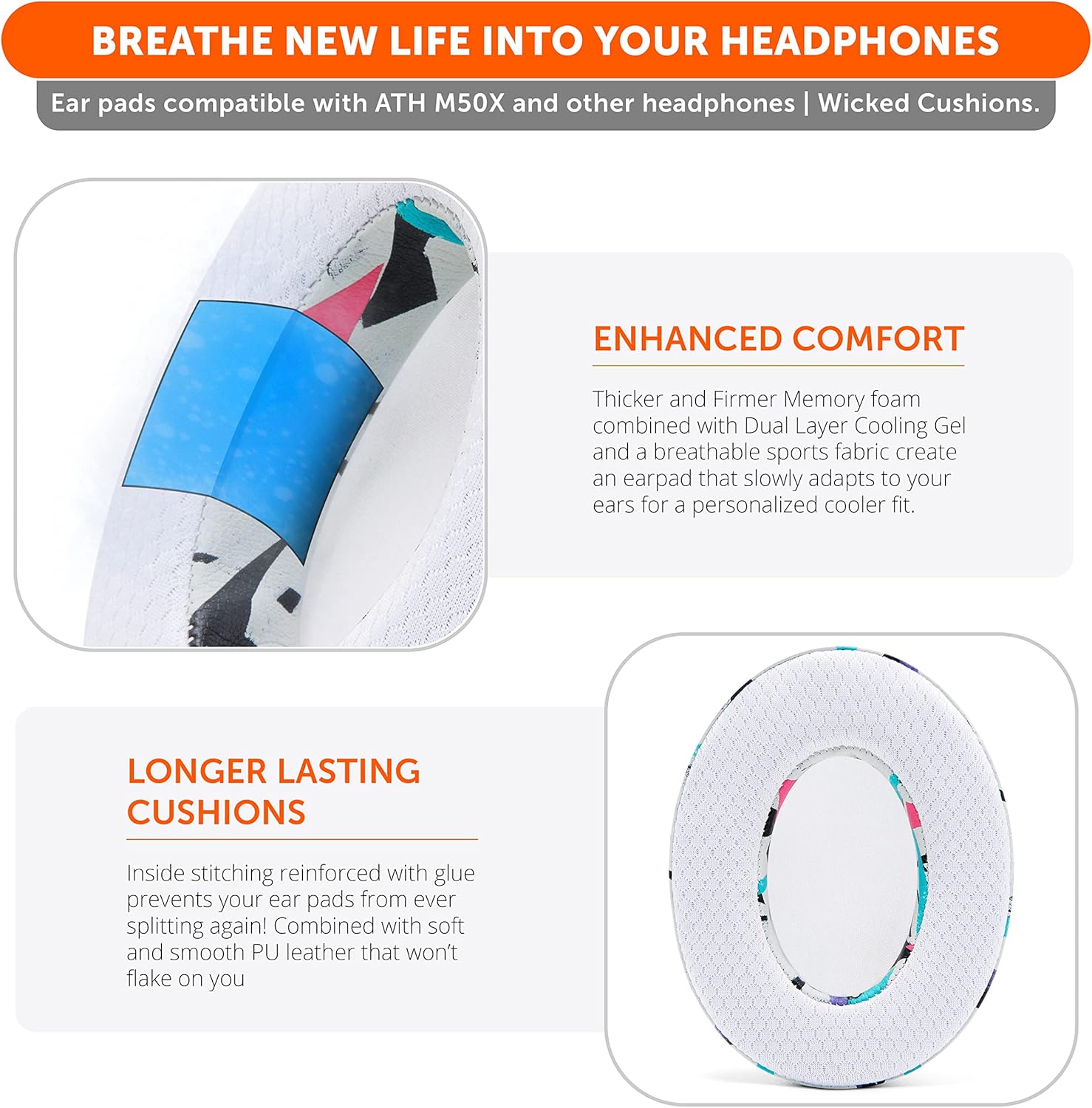 WC Freeze Hybrid Fabric Cooling Gel Replacement Earpads - Compatible with HyperX Cloud, Steelseries Arctis, ATH M50X, Turtle Beach Stealth & More - Comfortable & Cooler for Longer | (90's White)