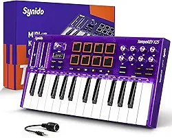 Synido Controlador de teclado MIDI USB C com 25 teclas com 8 pads de bateria retroiluminados, tela OLED, mini teclado MIDI portátil para produção musical – roxo, TempoKEY K25