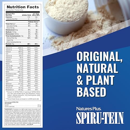 Miniatura 5 de NaturesPlus SPIRU-TEIN Batido  Sabor de plátano  8 paquetes, proteína espirulina en polvo  reemplazo de comidas a base de plantas, vitaminas y