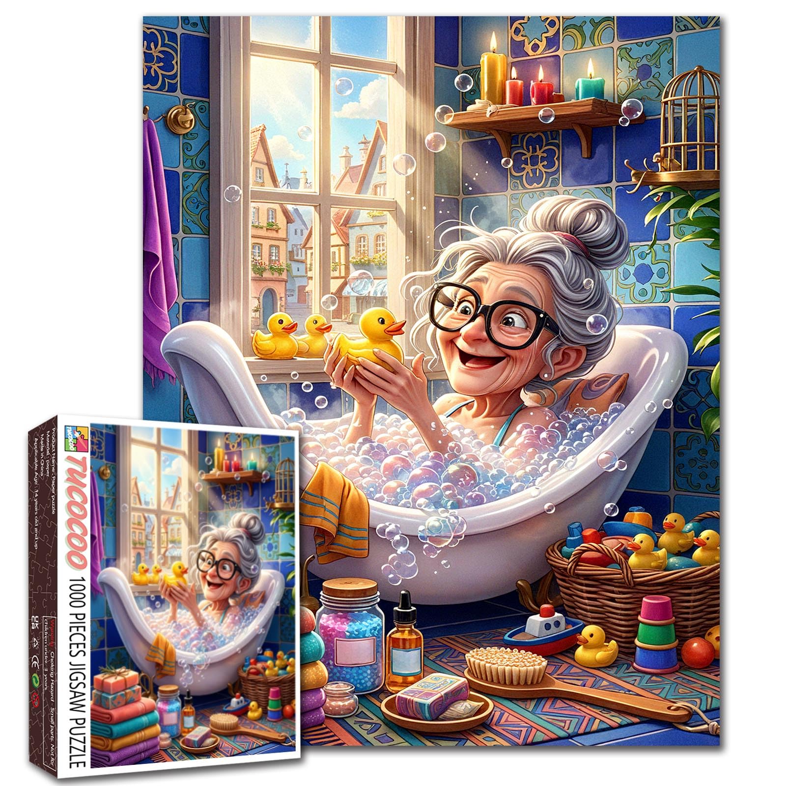 Grandma in Bubble Bath with Rubber Ducks Jigsaw Puzzles for Adults 1000 Pieces Bathroom Scene DIY Puzzles for Family Activity Games Elderly Lady Art Home Wall Decor Craft Gifts 19.7 x 27.6 Inch — image 1