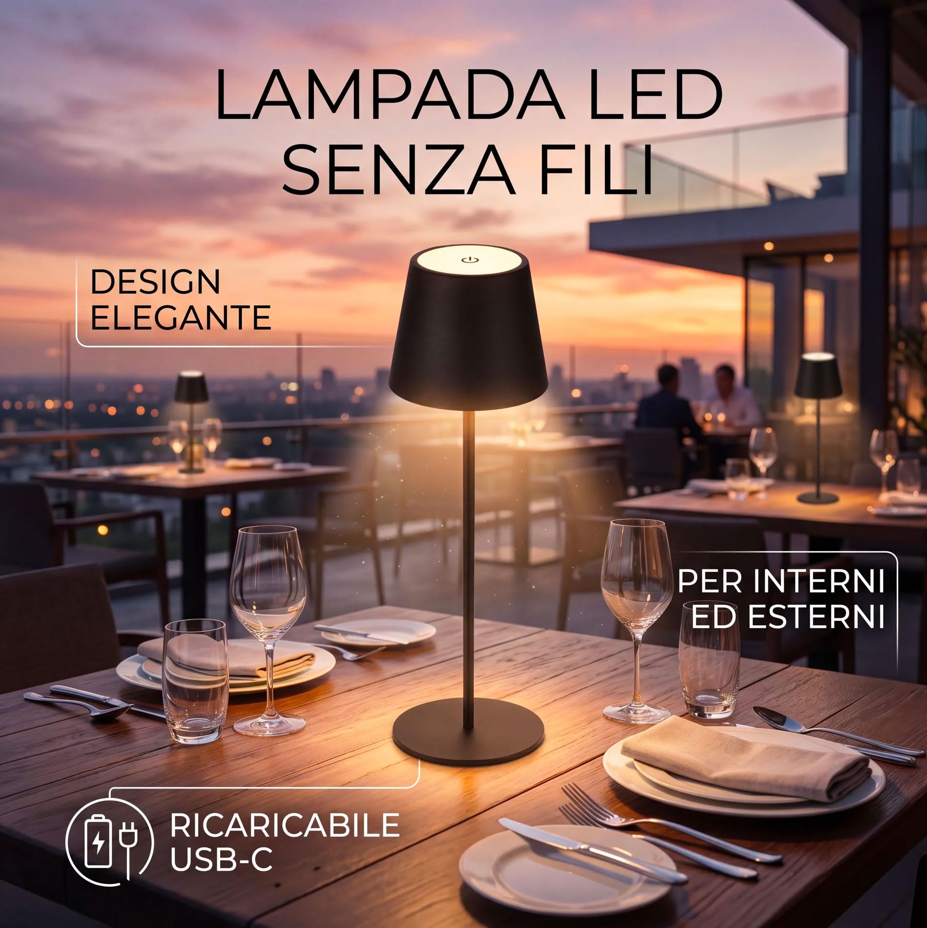 081 Store - 2 PEZZI LAMPADA DA TAVOLO SENZA FILI RICARICABILE, LAMPADA DA TAVOLO LED DIMMERABILE E CON 3 TONALITà DI LUCE, DIMMERABILE 3000-65000K ED IMPERMEABILE IP54