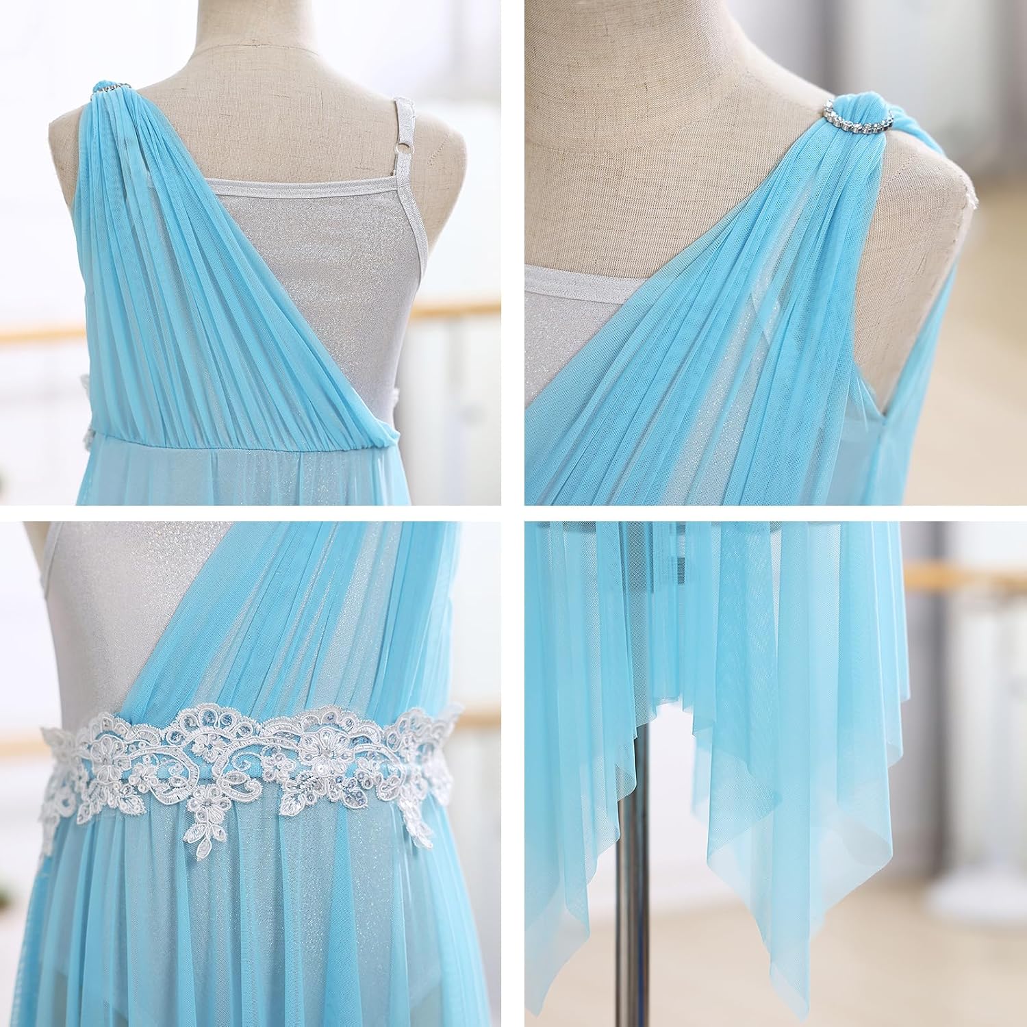 Girl Lyrical Dance Dress One Shoulder Kids Contemporary Dance Outfits Metallic Bodice Flowy Asymmetrical Tulle Skirt