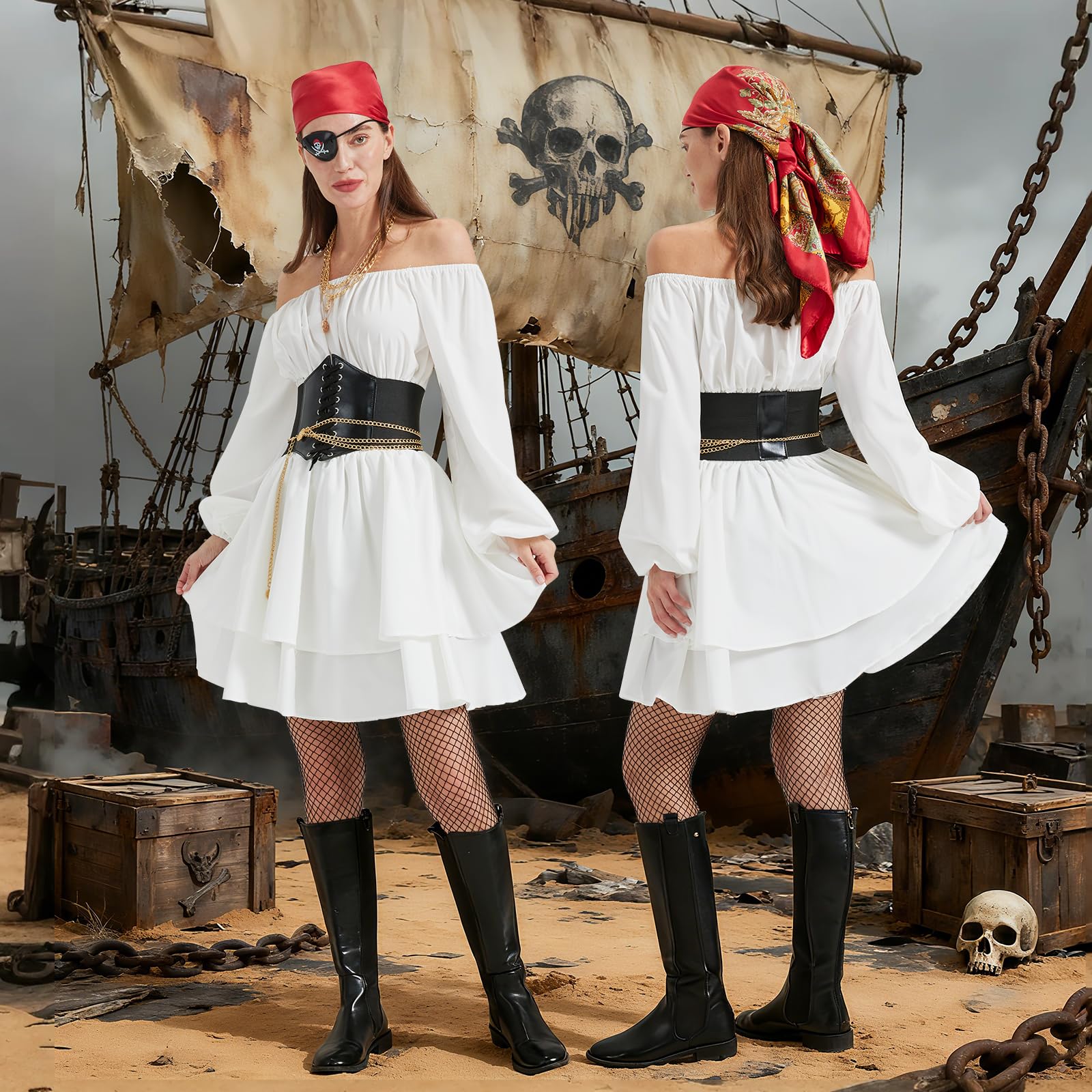 Joellfuner Disfraz Pirata Mujer, Vestido Blanco Pirata, Disfraz de Piratas Mujer con Corset, Bandana, Collares y Cadenas de Cintura, Accesorio para el Pelo para Carnaval Halloween Cosplay