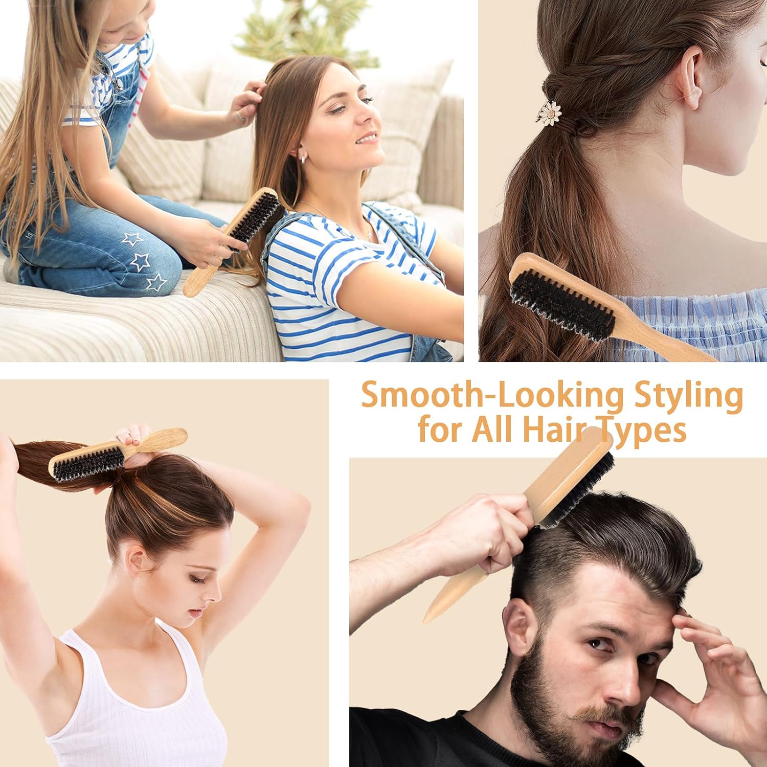 Slick Back Hair Brush, Boar Bristle Hair Brush for Soft/Medium Hair - Polish Slick Back Hair/Ponytail and Create a Frizz-free Hairstyle, Suitable for Women Men & Kids-2 PCS - Image 6