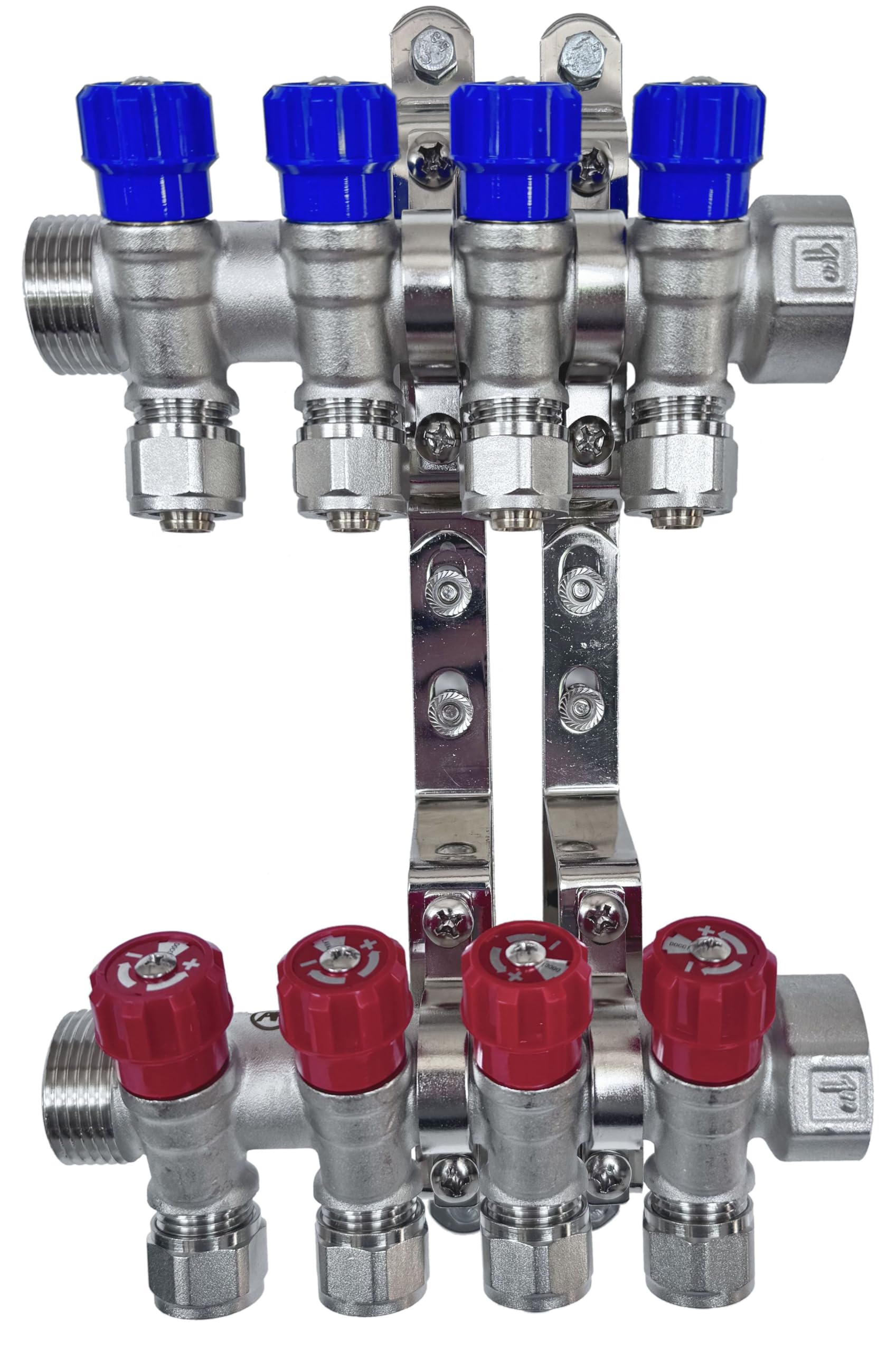 Set Collettore Acqua Riscaldamento PEX 1” x 16 mm Distributore D'Acqua In Ottone Nichelato Con Mini Valvole Integrate Fascio Distributore Blu 4 Circuiti Rosso 4 Circuiti H2541B4R4
