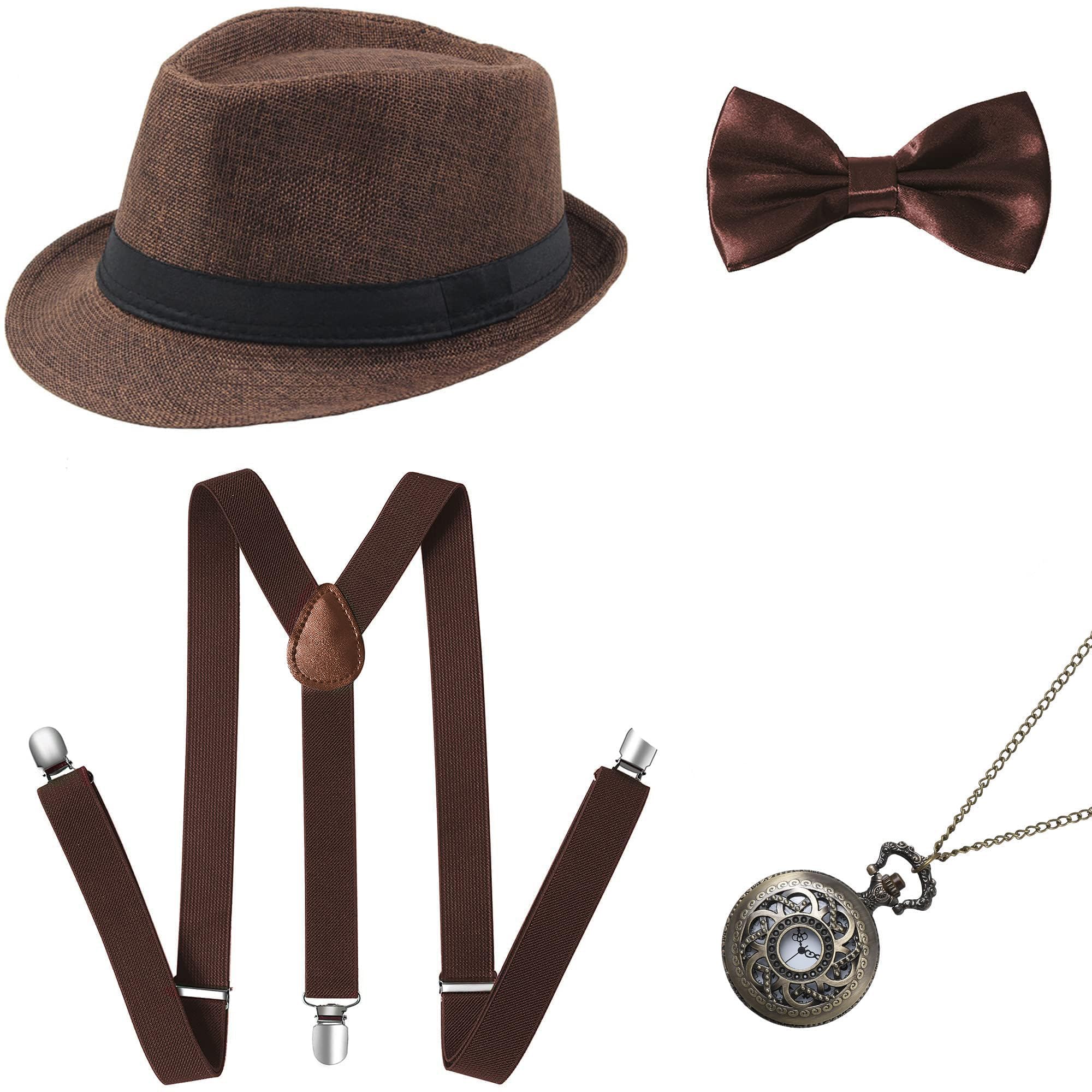 BABEYOND 1920s Mens Gatsby Gangster Accessories Set Panama Hat Suspender Bow Tie