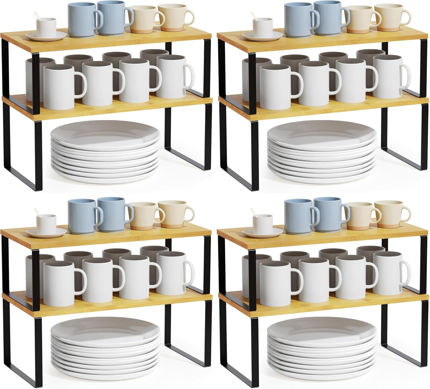 SpaceAid Cabinet Shelf Organizers 8 Pack, Kitchen Counter Rack Shelves Riser, Stackable Expandable Spice Rack, Pantry Cupboard Storage Organization (Black and Natural, Long)