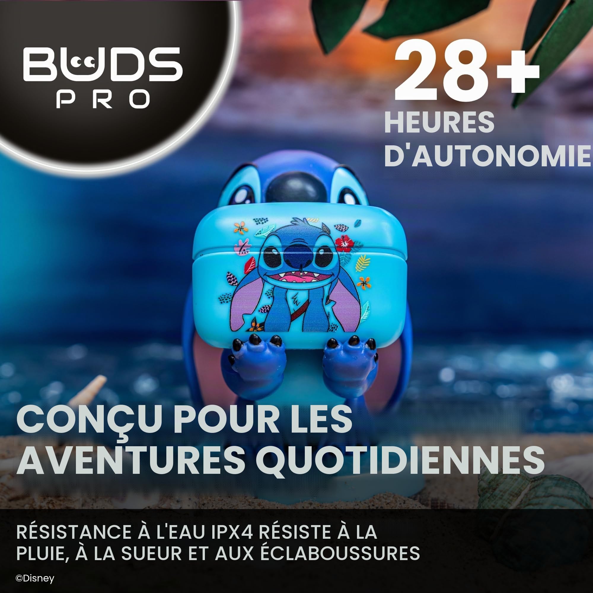 Buds Pro Stitch Écouteurs Bluetooth sans Fil et Support de téléphone - Écouteurs Intra auriculaire avec Micro, 28+ Heures d’autonomie, Réduction de Bruit Active, Certification IPX4, Boîtier de Charge