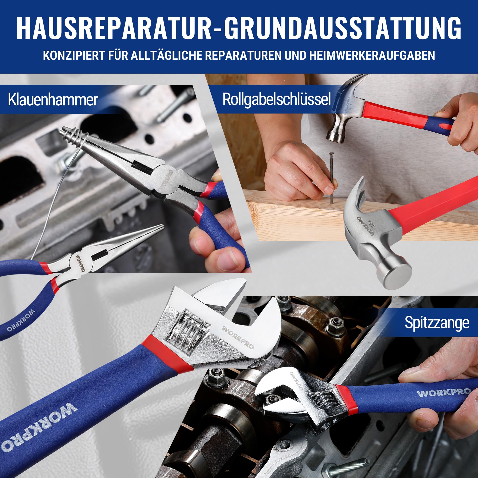 WORKPRO Werkzeugset Universal und Haushalts-Werkzeugkoffer 100-teilig Werkzeugsatz Mechaniker, perfekt für leichte Heimarbeit und Reparatur mit Hammer Zange Schraubendreher Messer Schlüssel Maßband