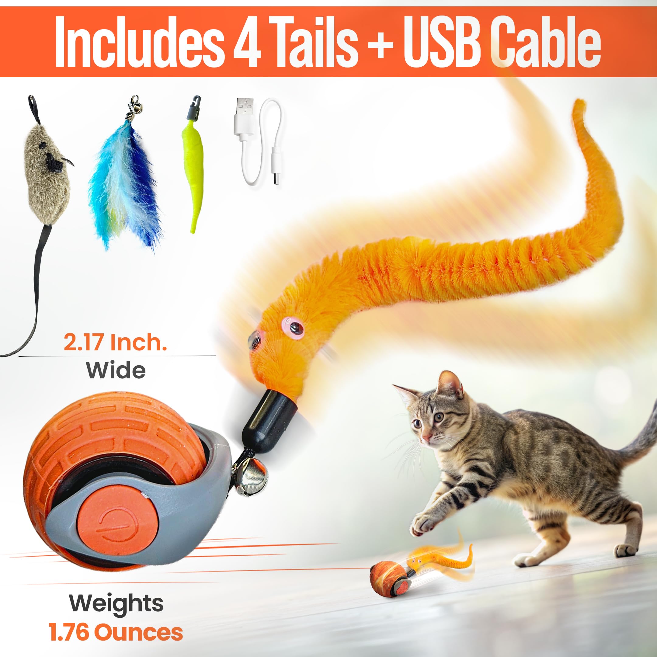 Speedy Tail 2.0 Cat - Juguete inteligente interactivo de bola para gatos con 4 colas, 2 velocidades y prevención de obstáculos, recargable por USB, mantiene a los gatos de interior