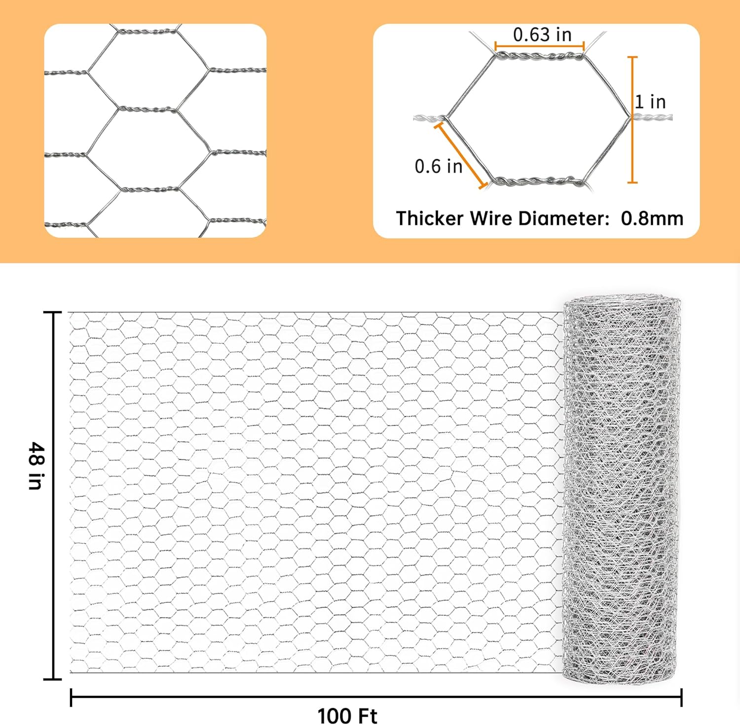 Sliver Chicken Wire 48 inch(H) x 100 ft(L), Anti-Rust Hexagonal Galvanized Metal Garden Netting for Floral Arrangements, Powder Coated Chicken Wire Coop for Crafts Plant Protector Pet Rabbits Fencing