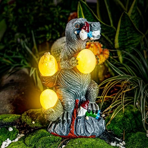 Estatuas de jardín con luces solares para exteriores, estatua de dinosaurio al aire libre con 3 luces LED, luces de jardín impermeables para