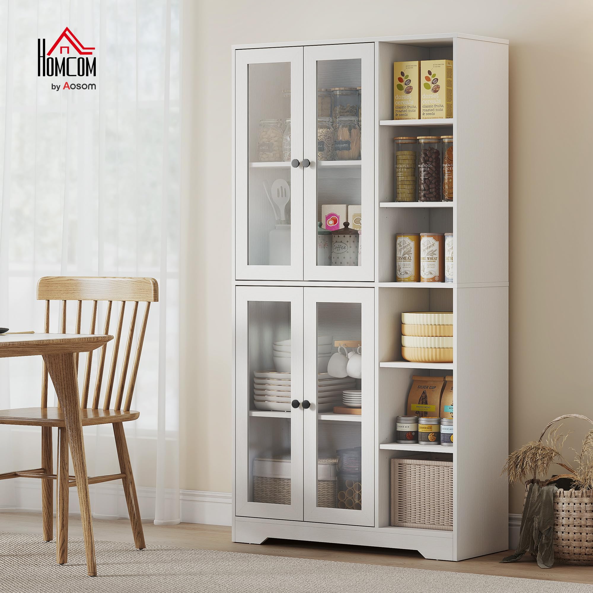 HOMCOM Küchenschrank mit 4 Soft-Close-Glastüren 90 x 35 x 172 cm Weiß | Buffetschrank, 6 Offenen Fächern, Moderner Hochschrank mit Verstellbaren Einlegeböden, Vorratsschrank
