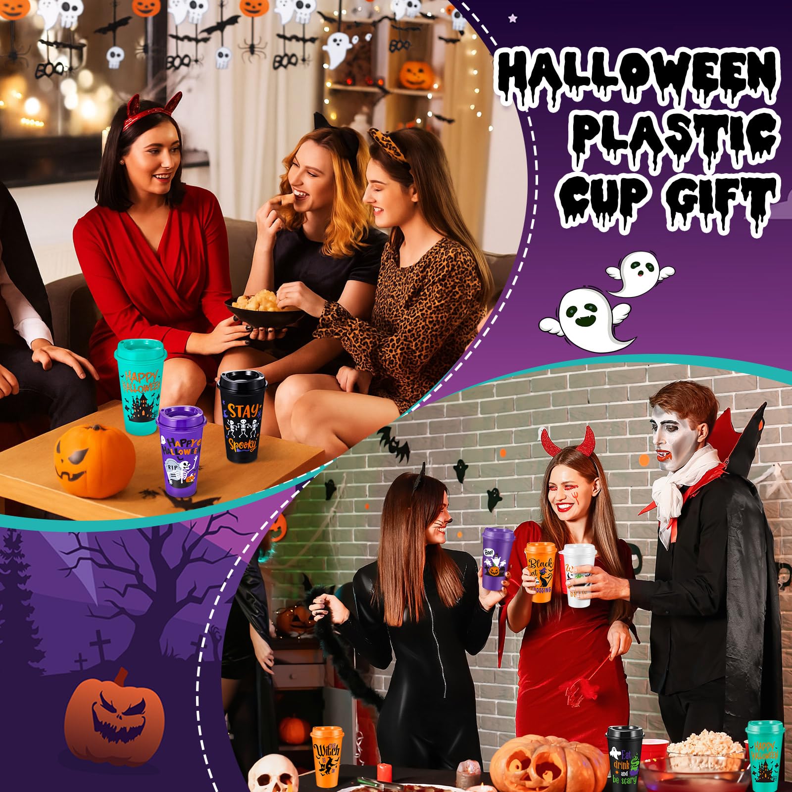 Chuangdi Halloween-Becher aus Kunststoff mit Deckel, wiederverwendbare Kunststoffbecher, gruselige Becher, Großpackung für Kinder und Erwachsene, Halloween, Party, Geburtstag, 30 Stück