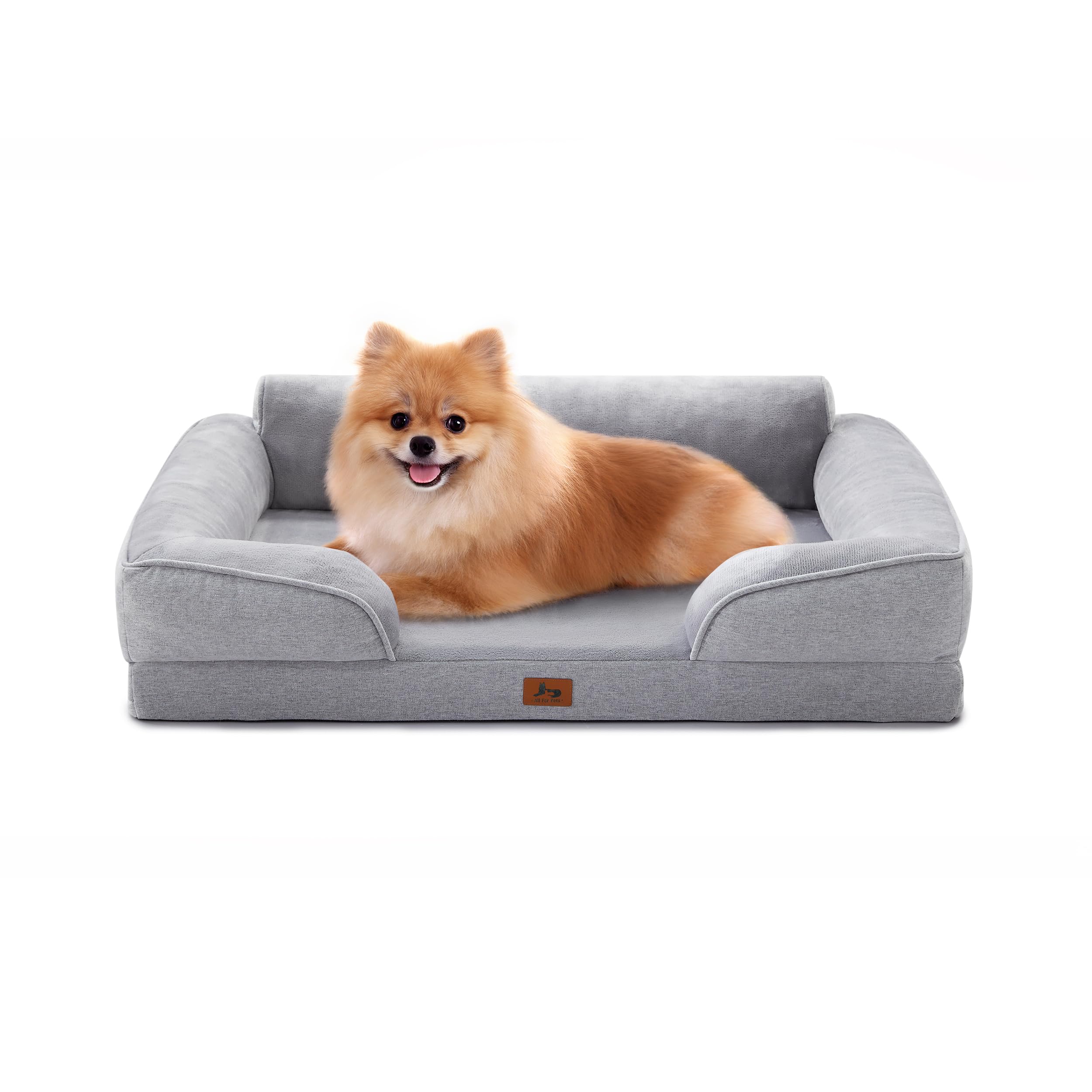 Orthopedic Dog Beds for Medium Size Dogs, Waterproof Egg-Crate Foam Pet Couch Bed with Soft Sides, Non-Slip Dog Sofa with Flannel Removable Washable Cover, 28" Supportive Pet Sofa, Light Grey