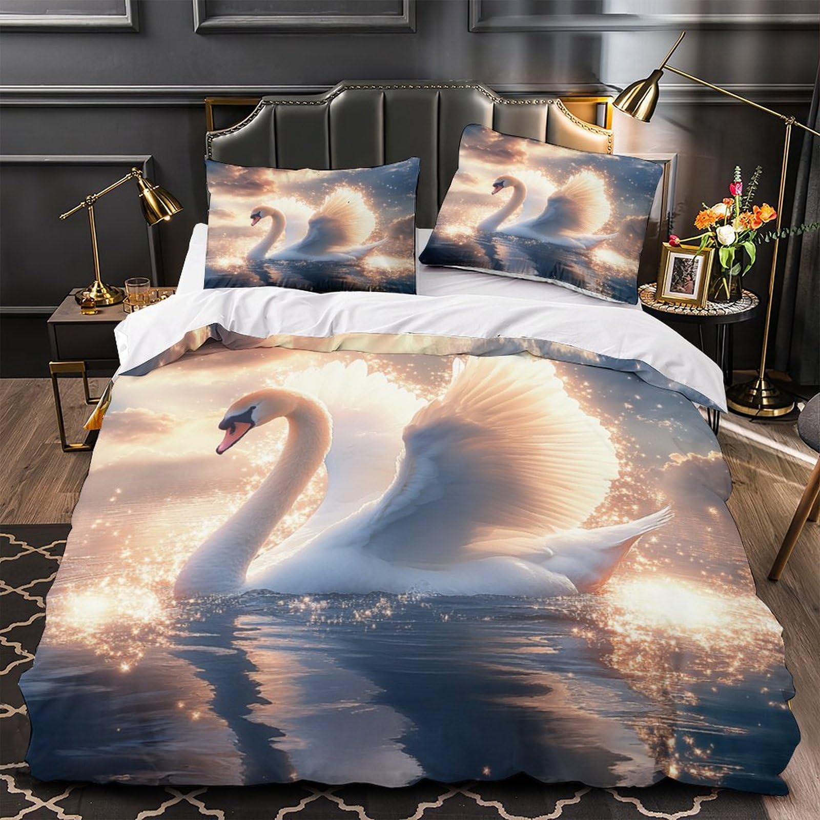 Housse de couette cygne 140x200cm en microfibre 3D avec 2 taies