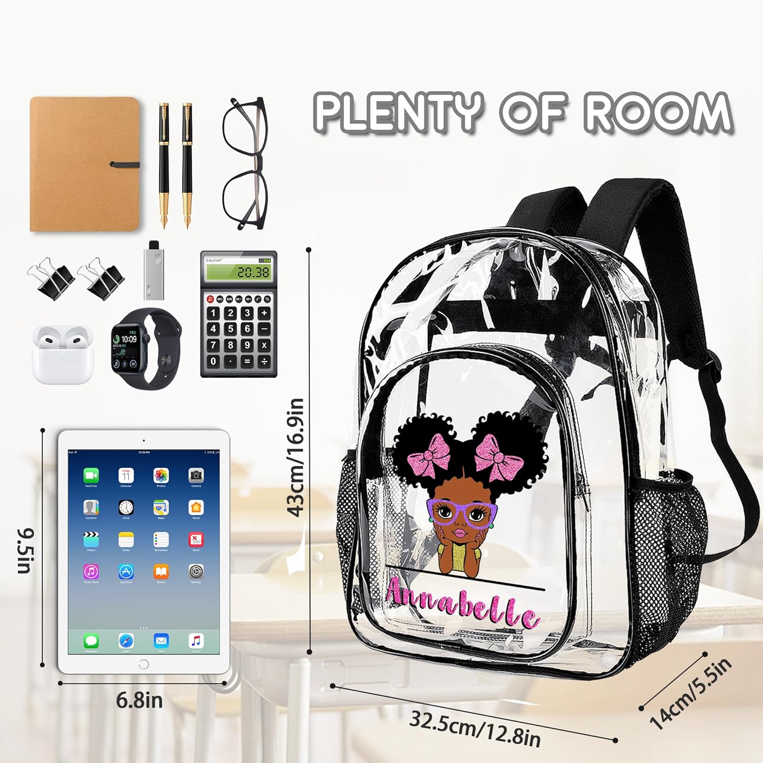 Personalized School Clear Backpack for Girls with Name, Custom Kids Clear Backpack for Girls with PVC Waterproof Reinforced Strap & Large Capacity, Back to School Gifts for Kids