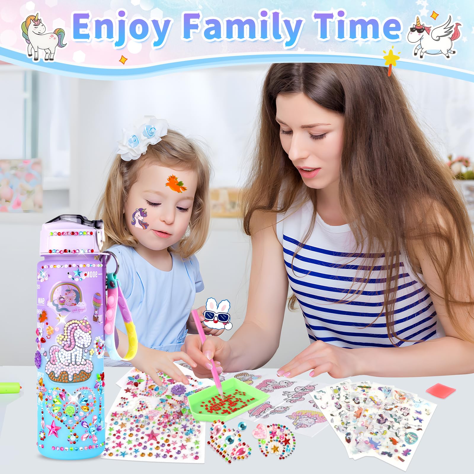 Borraccia Fai Da Te Per Bambine 600ml - Kit Decorazione Con Diamanti, Tema Unicorno