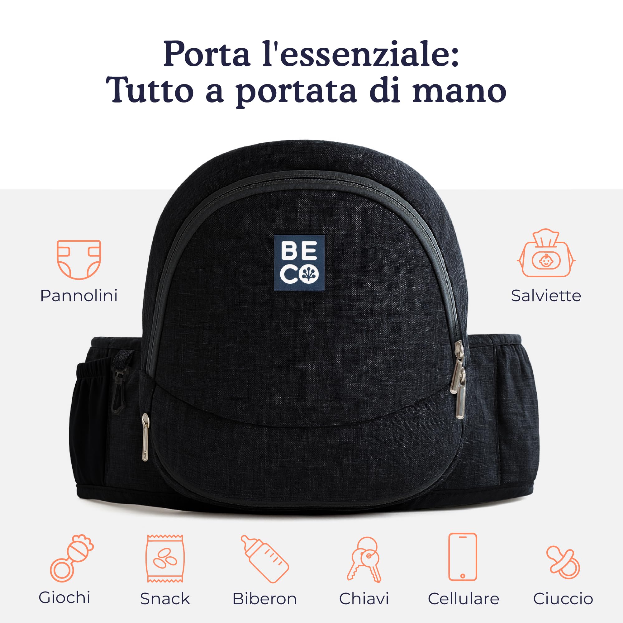 Beco Marsupio Seduta ad Anca Pieghevole, 4-in-1, 0-36 Mesi, Nero | Si piega piatto nella borsa cambio, Seduta di Supporto che allevia braccia e schiena, si adatta da 0 a 36 mesi.