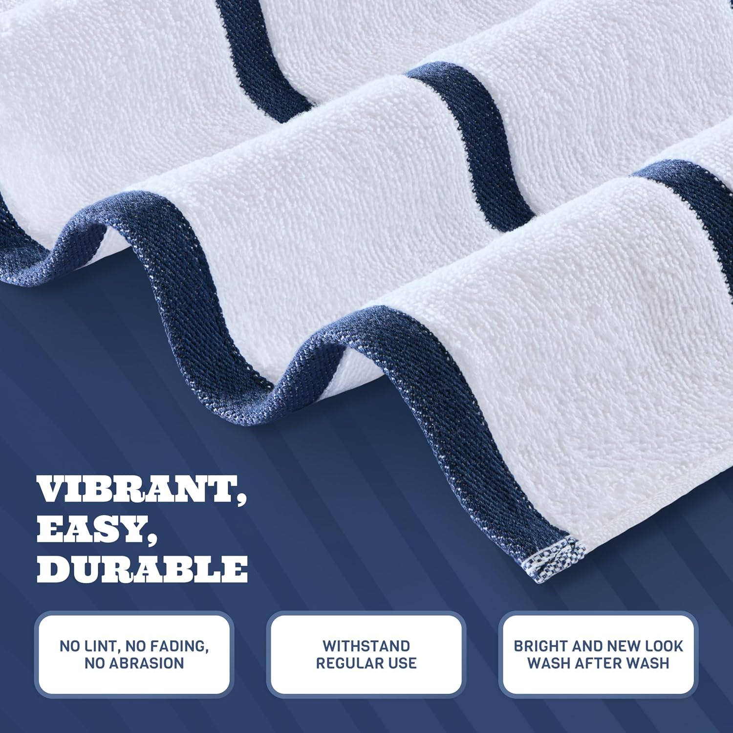 White Classic Cotton Pool Towels Oversized 30 x 60 Inches, Ultra Absorbent and Low Lint Striped Beach Towels for Adults, Stripes Design Luxury Extra Large Bath Towels, Navy Blue, 4 Pack - Image 5