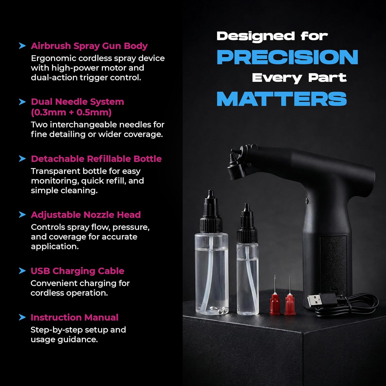 Clog-Free Airbrush Gun – Cordless Rechargeable Spray Gun for Hair Semi-Permanent Dye, Enhancements & Dye Application – Adjustable Pressure, No-Clog Technology, Barbers