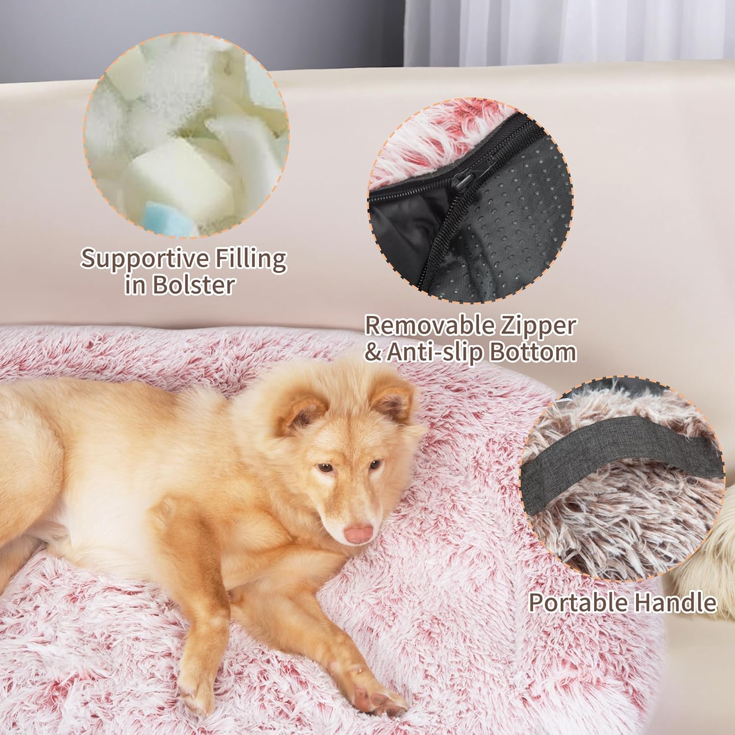 KHONSU PET Calming Dog Bed for Couch – Sofa Protector Mat with Bolster, Removable Washable Non-Slip Cover, Fits Medium Dogs up to 20 lbs, Grey 35"x37"