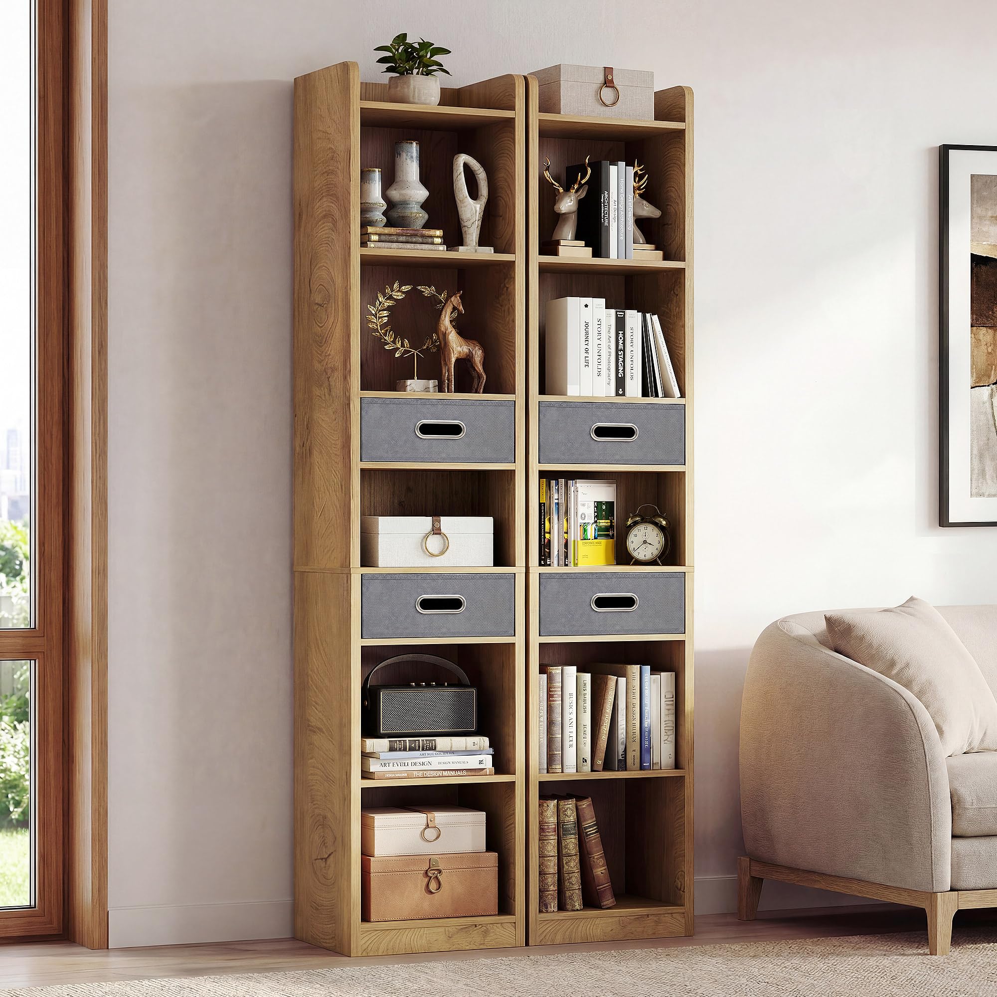 YITAHOME Estantería Alta y Estrecha estantería esquinera Estrecha con 5 estantes y 2 cajones de Tela, estantería Independiente para salón, Dormitorio y Oficina, Acabado Roble