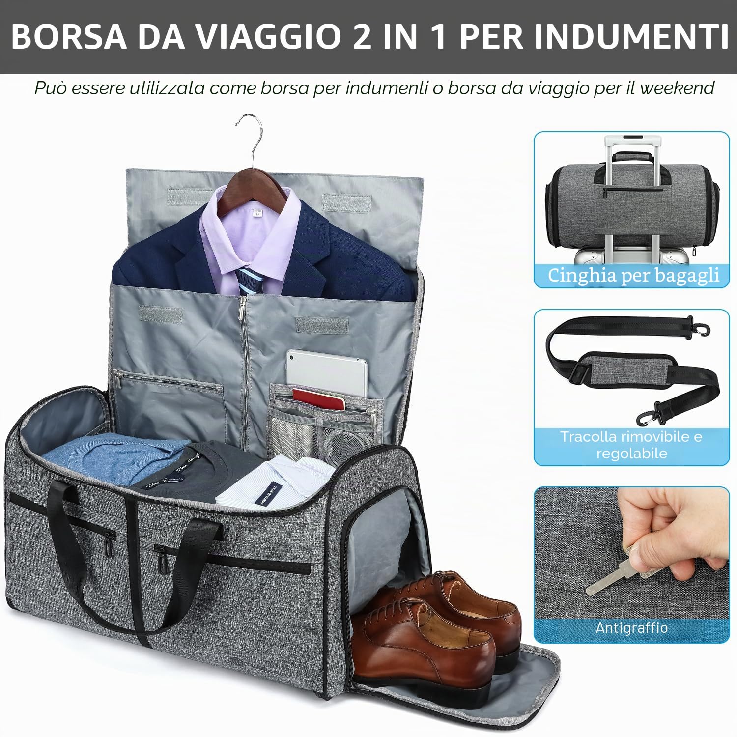 TUGUAN Borsa Porta Abiti da Viaggio Uomo 58L con Scomparto per Scarpe e Funzione Zaino 3 in 1 Borsone da viaggio Convertibile per Viaggi D'affari, Matrimoni, Grigio