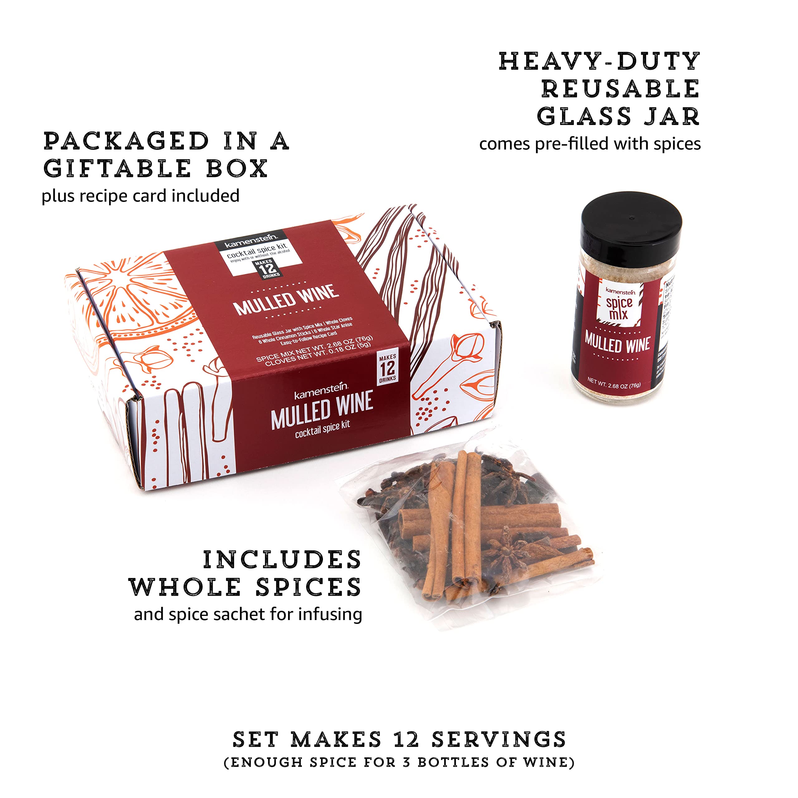 Kamenstein Glühwein-Cocktail-Set, Geschenkbox enthält alles, um die perfekte Saison für 12 Portionen, vorgemessene Gewürze, Geschenk, Urlaubsunterhaltung oder Hosting, 17 x 10 x 5 cm