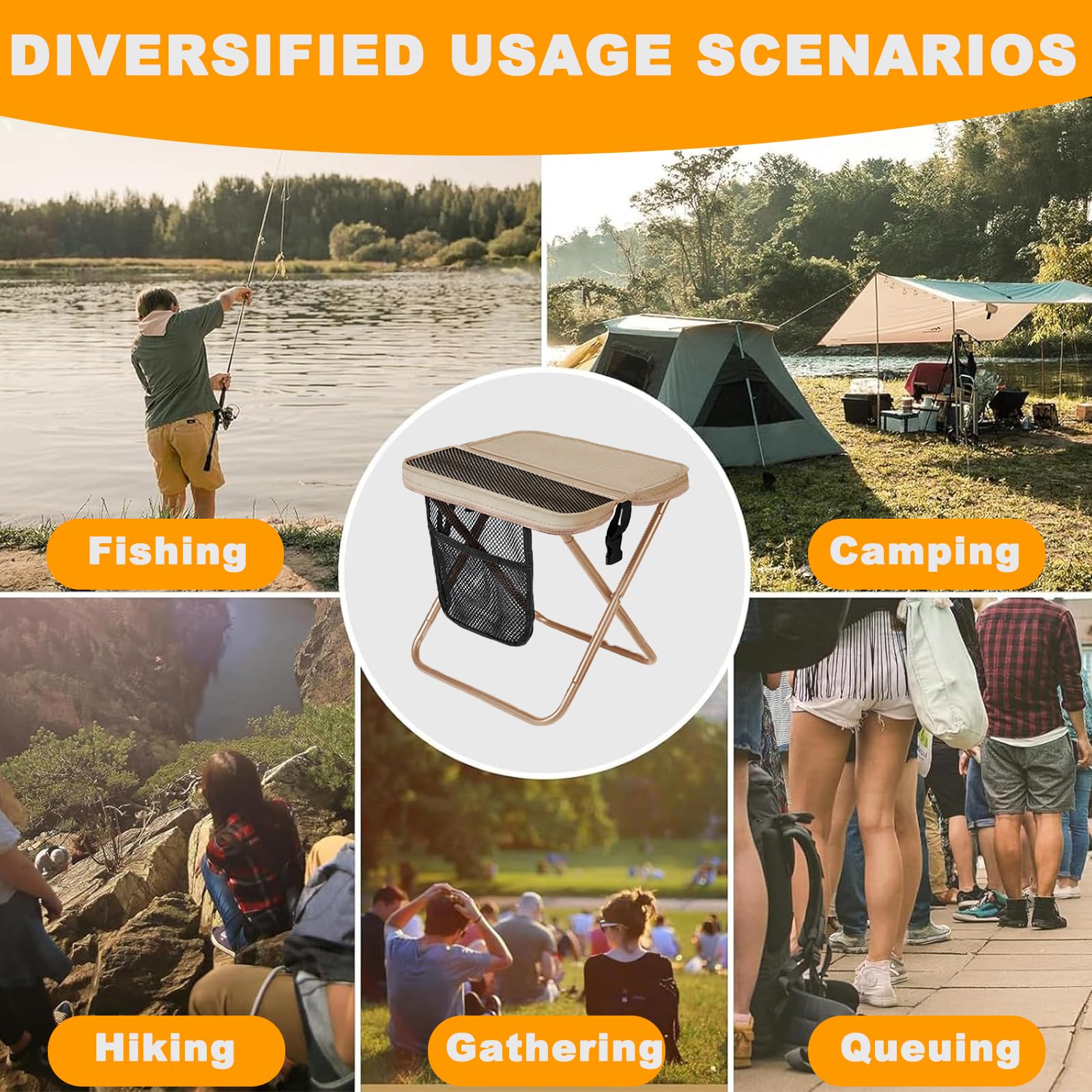 Taburete Plegable Portátil, Banqueta Plegable Camping, Asiento Compacto y Ligero – se Pliega en Bolso – Ideal para Playa, Colas, Jardín, Hogar, Excursiones (Beige)