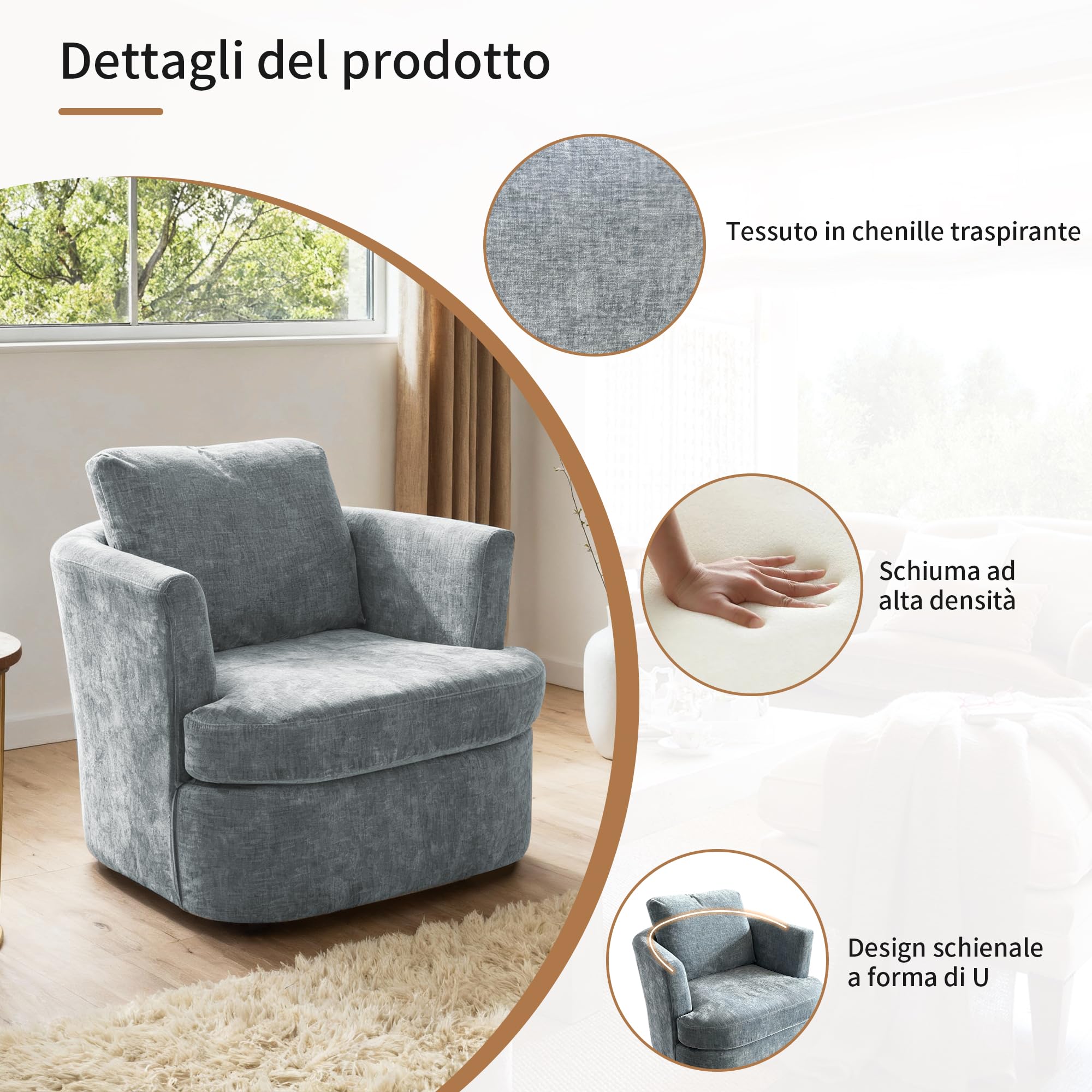 BonVache Sedia Girevole in Peluche, Poltrona Relax Girevole 360°, con Schienale a Forma di U e Seduta Imbottita, Adatta per Soggiorno, Camera da Letto e Ufficio, Blu
