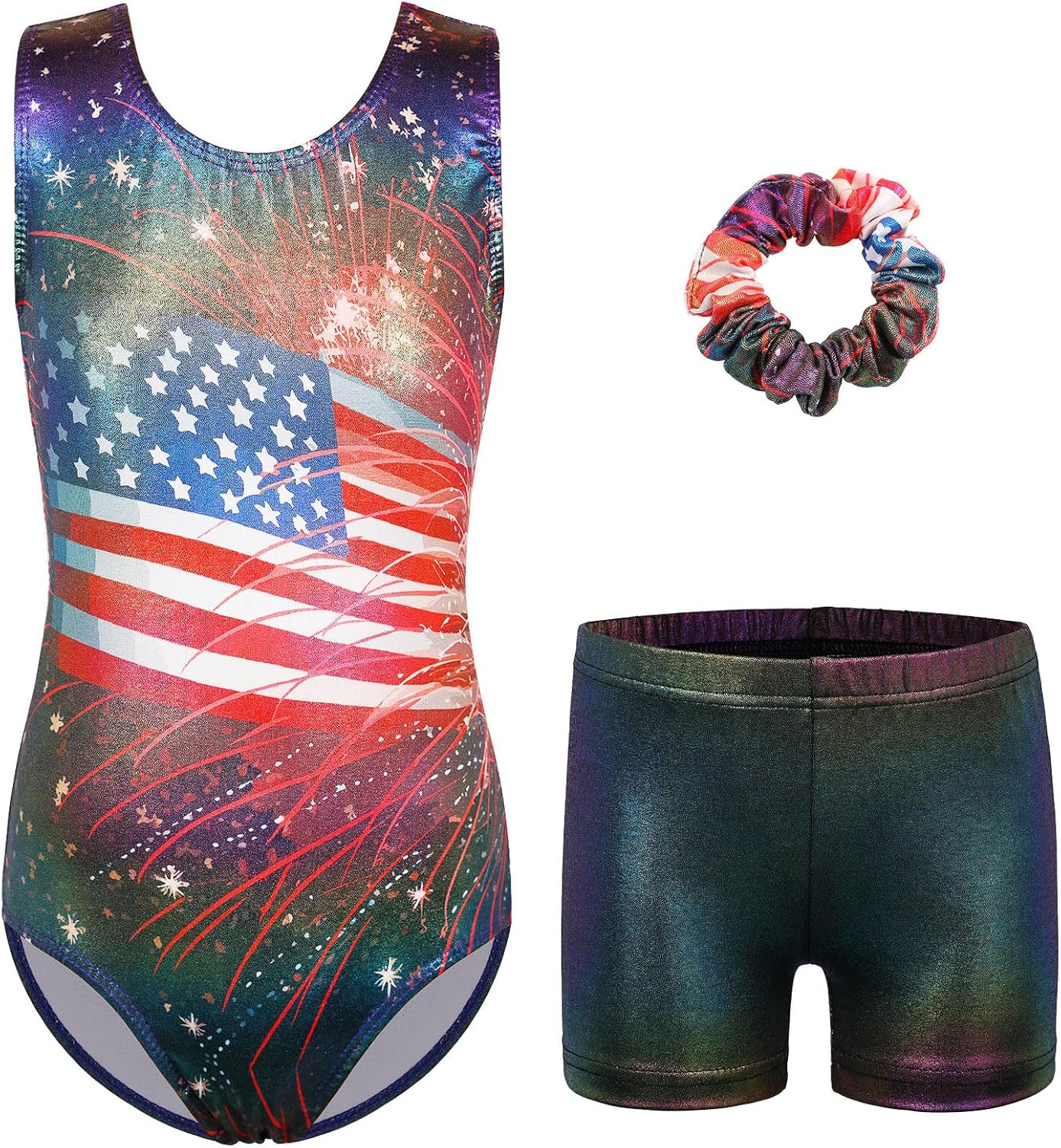 BAOHULU Gymnastics Leotards for Girls Shiny BlueSnowflake One Piece Dance Outfit with Tumbling Shorts Bottom 7-8 Years Cross Back Blackflag Set