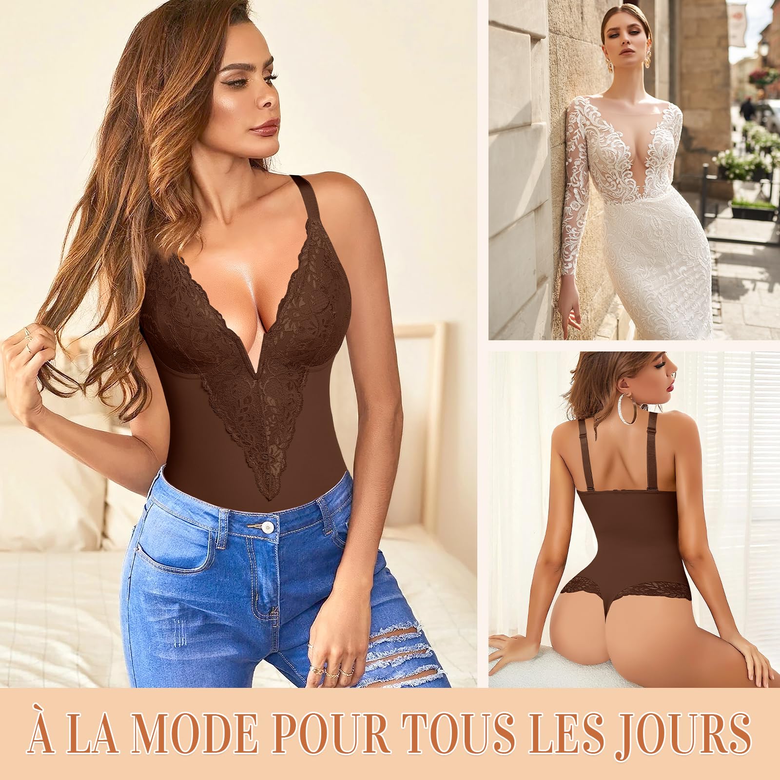 YARRCO Body Gainant Femme Ventre Plat String Gaine Amincissante Body Sculptant Bodysuit Shapewear Col V Dentelle Corset Minceur Invisible