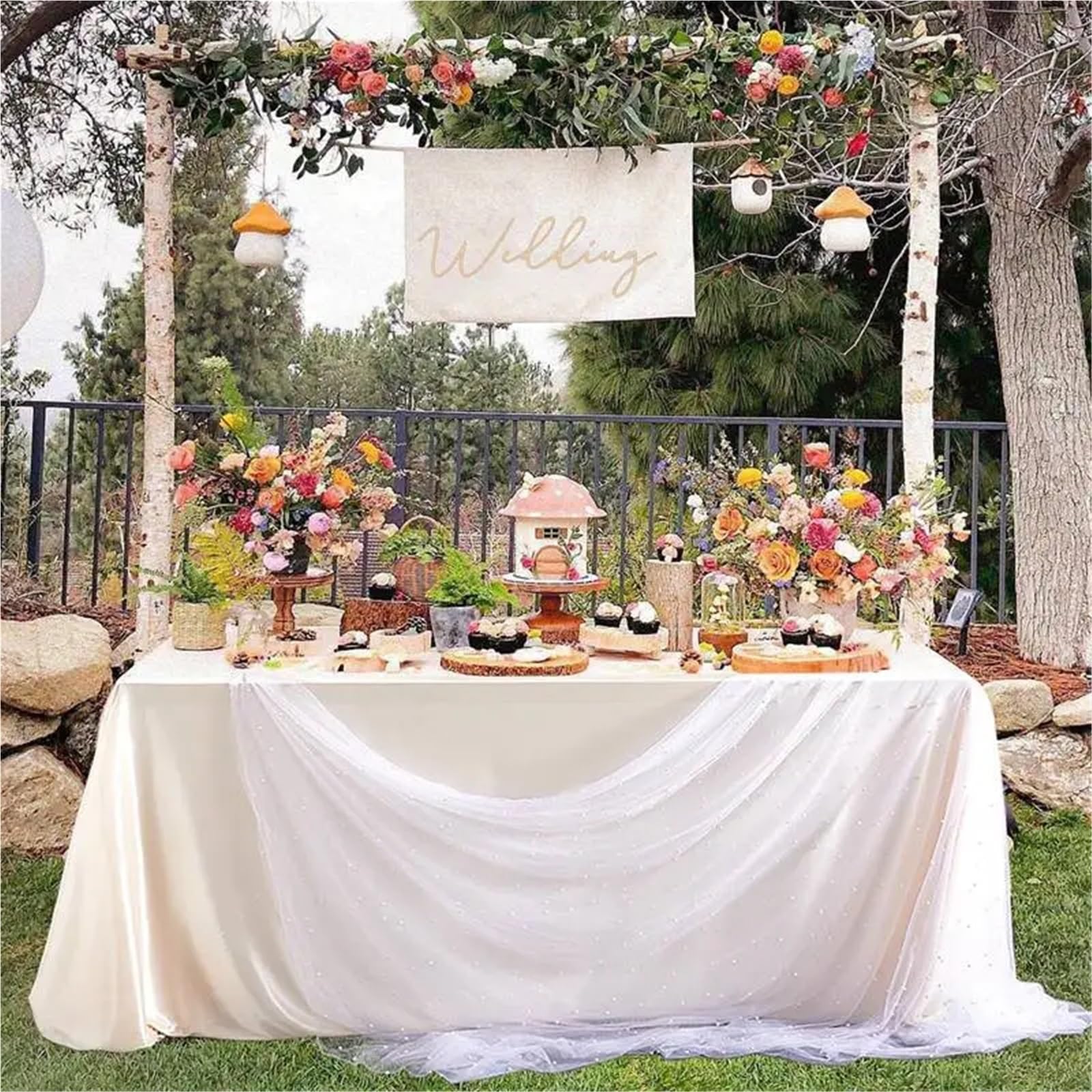 Camino de Mesa Gasa perlada, decoración Comedor Boda, Velo Novia, Mantel Antiarrugas for Fiesta y Postre, 3 uds para Decoracion(Light Brown)