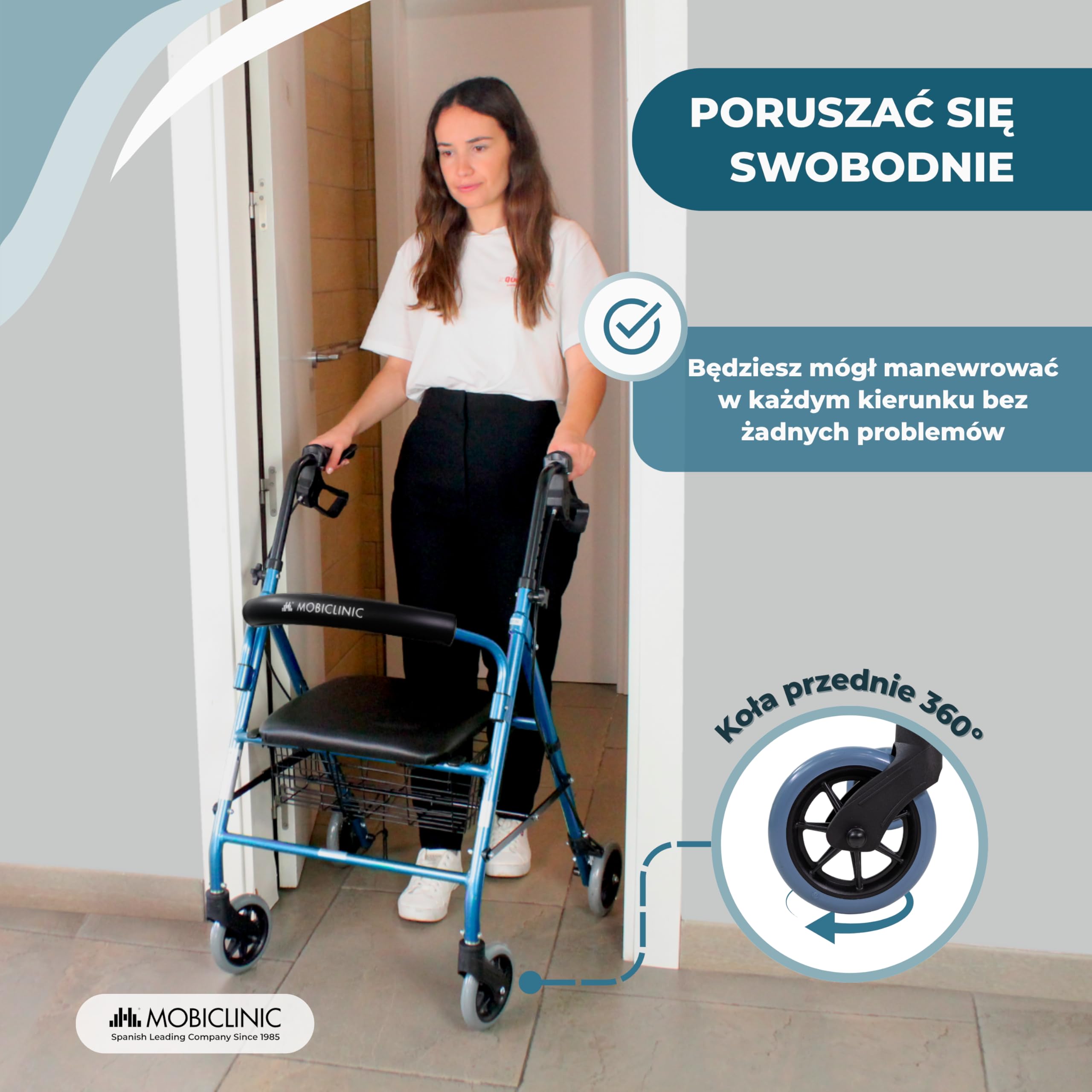 Chodzik | Składany | Aluminium | Hamulce na dźwigniach | Siedzisko i oparcie | 4 koła | Niebieski | Escorial | Mobiclinic