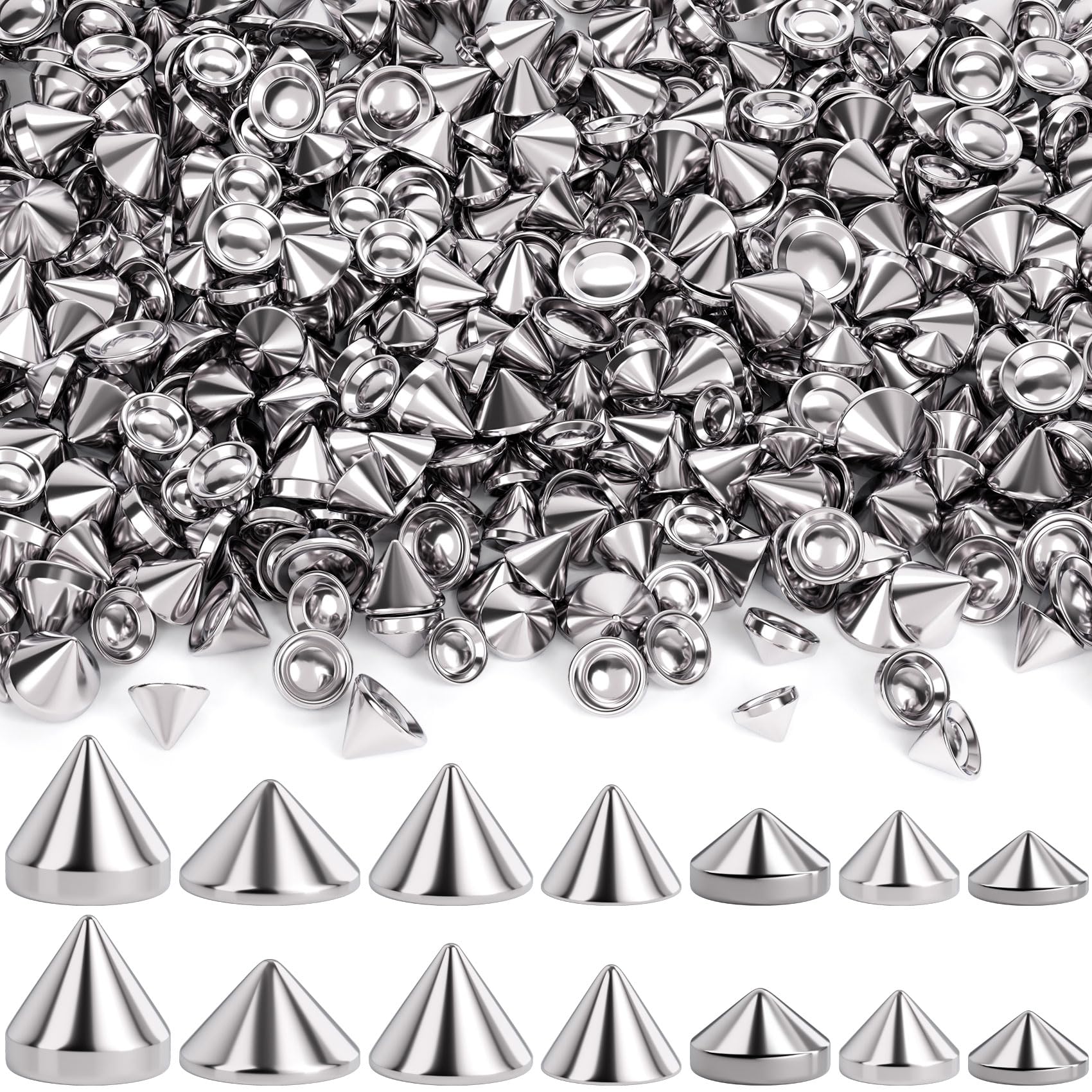 OIIKI 420PCS ABS Bullet Spike Cone Studs, 7 Styles Rivets Cone Spike Studs Beads, Flat Back Punk Spikes DIY Crafts Studs Glue on Decoration for Leather Clothes Belt Bags Jewelry Trims - Silver-image-16