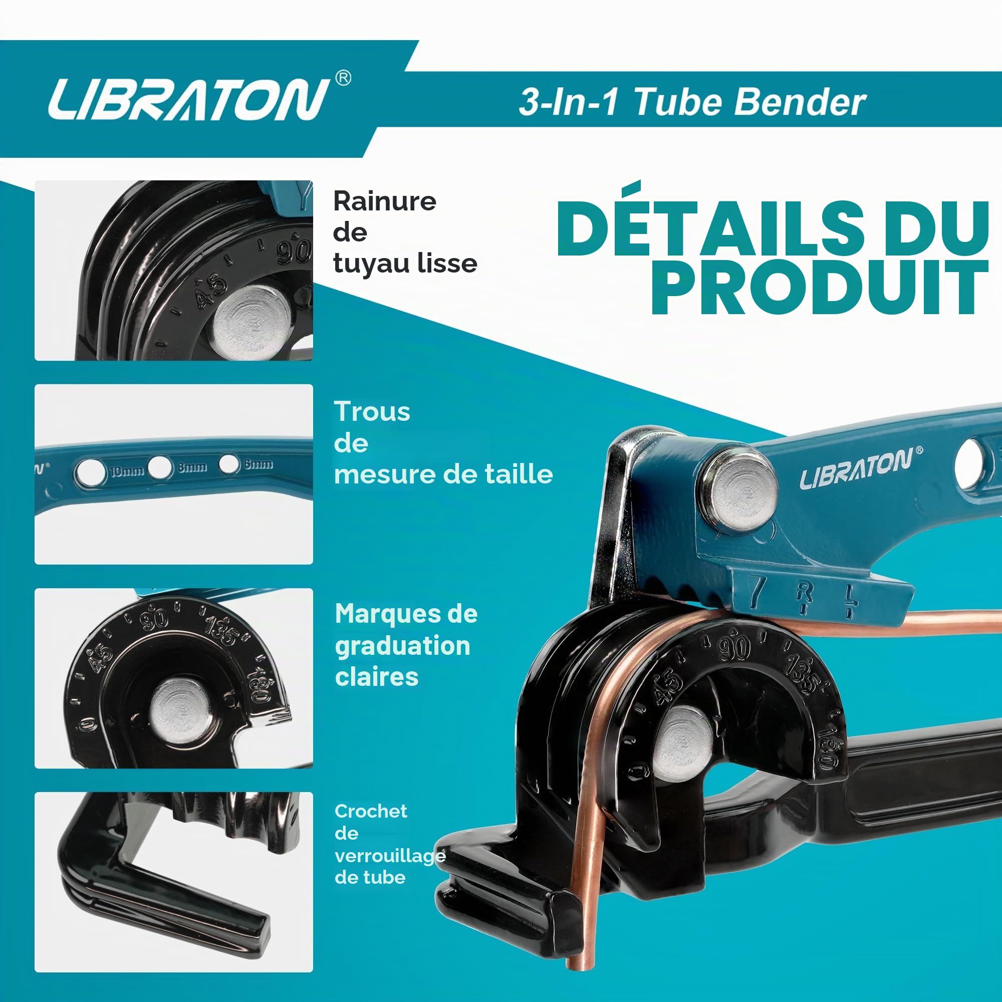 Libraton Cintreuse de tuyaux en cuivre et conduites de frein, outil de cintrage 3 en 1, cintreur de tuyaux 0-180 degrés, 6 mm, 8 mm, 10 mm, machine manuelle pour tuyaux en cuivre, aluminium et métal