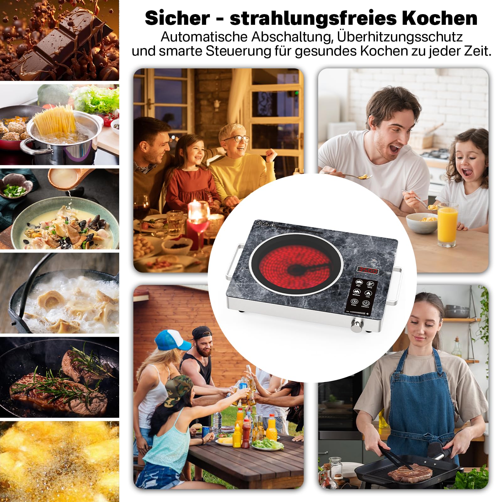 Elektrische Kochplatte, Tragbare Infrarot Glaskeramik Kochplatte, Temperatur Einstellbares Kompaktes Kochfeld, Tragbare Elektrokochplatte für Küche & Camping, Single-Marble