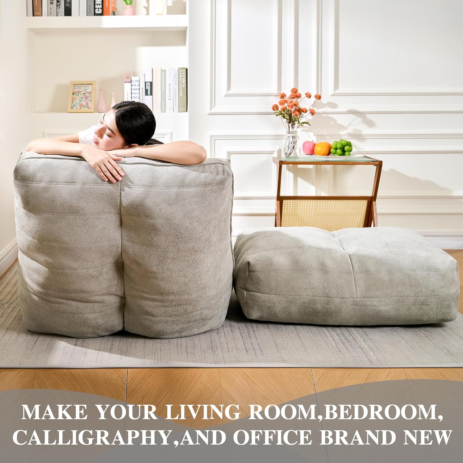 Bean Bag Chair with Ottoman, Comfy Bean Bag Sofa with Memory Foam, Lazy BeanBag Sofa with Footstool, Fireside Bean Bag Couch for Living Room, Bedroom, Apartment (Gray) - Image 5