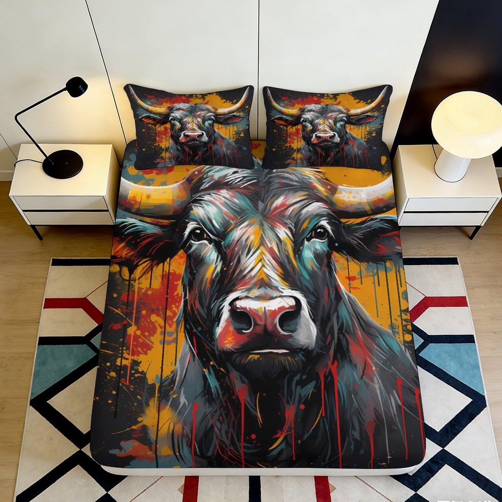 3D Printed Abstract Bull Fitted Sheet Microfiber Orange Splash Mattress Cover for Bedroom Dorm Easy Care Decor 118 120x200x25cm