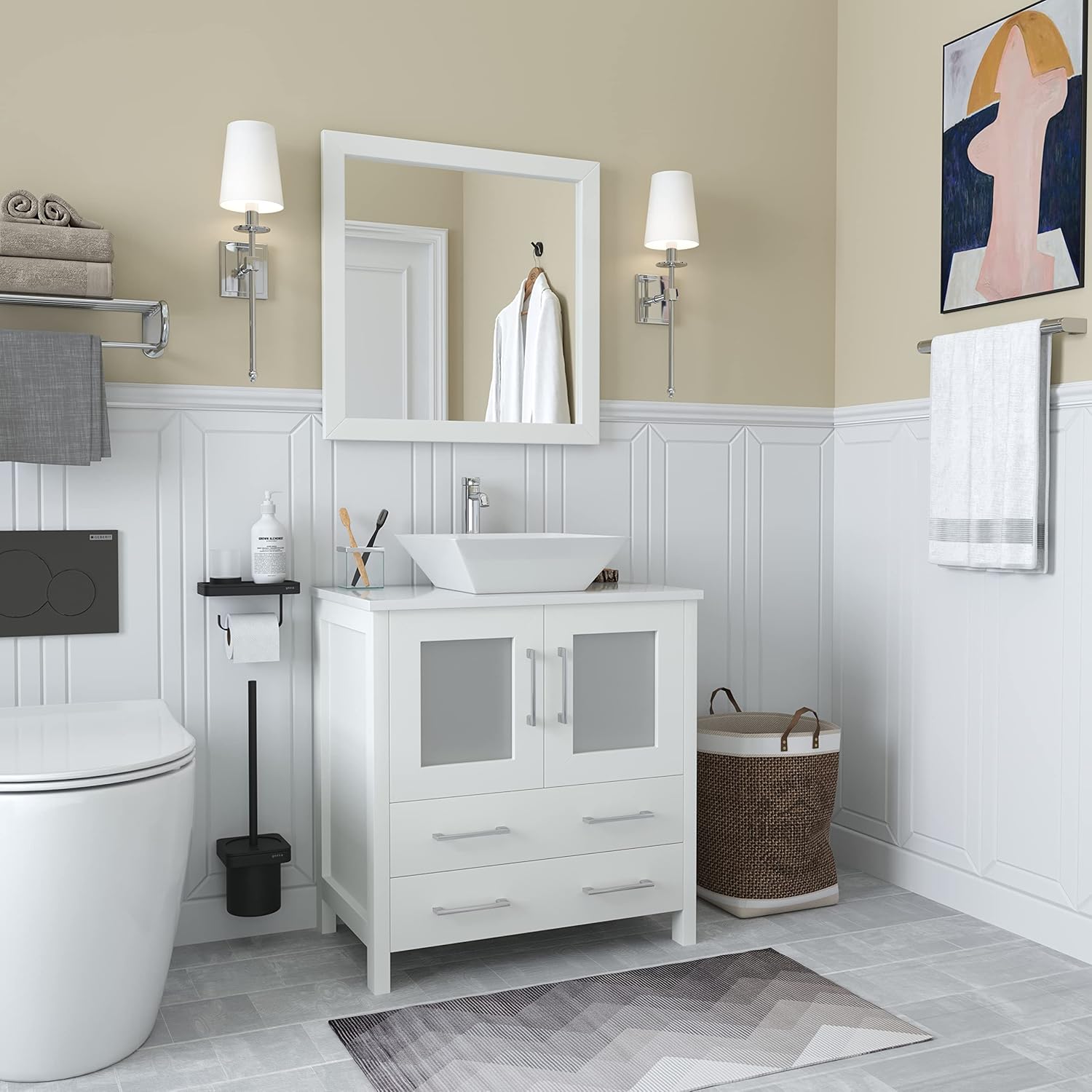 Vanity Art 30 Inch Vessel Single Sink Bathroom Vanity Cabinet with 1 Mirror, Engineered Marble Top Bathroom Cabinet Compact Set with 2 Dovetail Drawers and Soft Closing Doors, VA3130-W