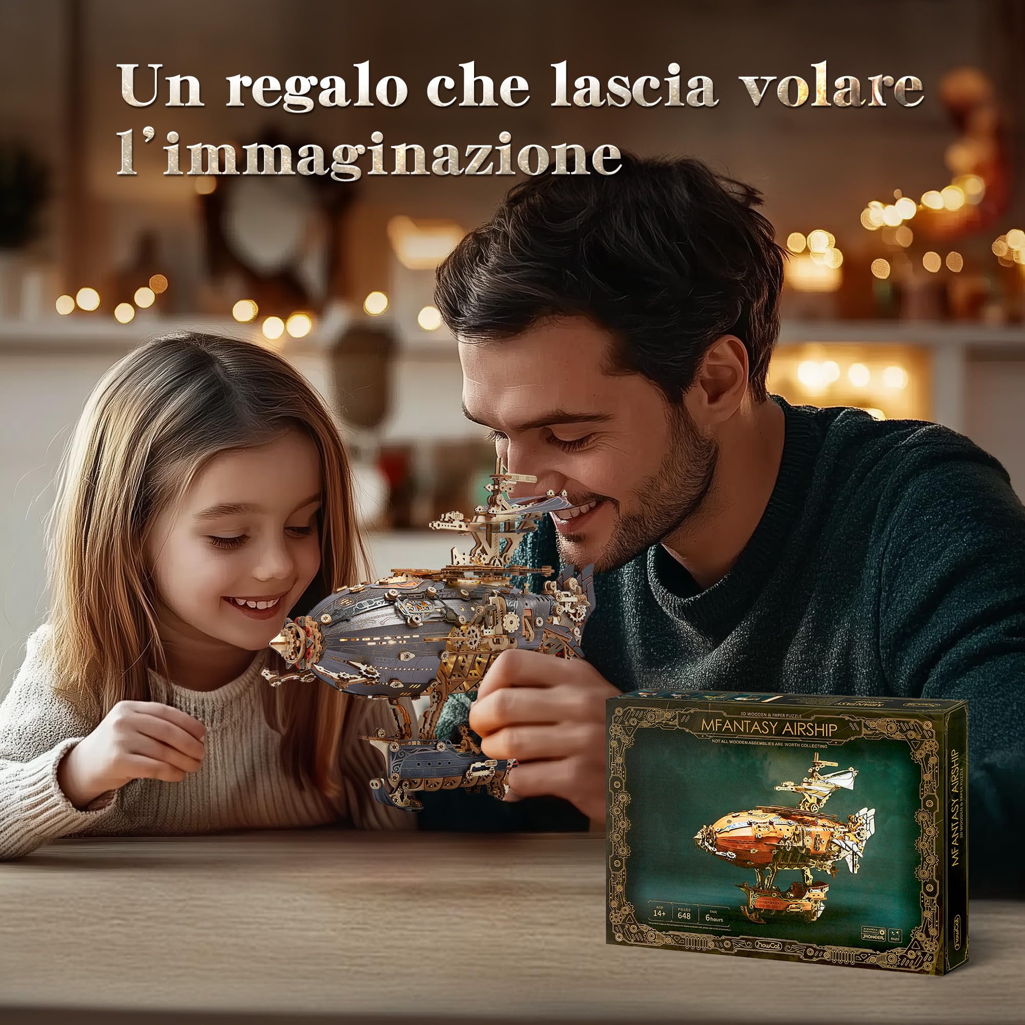 FUNPOLA LED 3D Puzzle in legno modello di dirigibile - Kit artigianale Steampunk con LED - Set di costruzione modello di dirigibile in legno per adulti (Grigio)