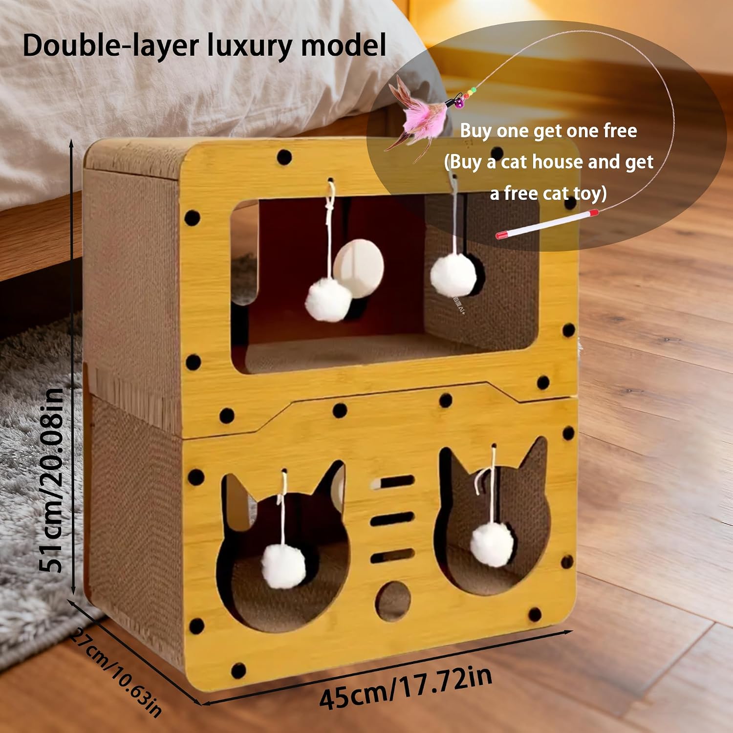 Cat Scratcher House for Indoor Cats, Sturdy MDF Frame 2-in-1 Cat Furniture Lounge Bed & Scratching Post, Large Cardboard Cat Hideaway with Teaser Toy (17.72inch Length Double Layer)