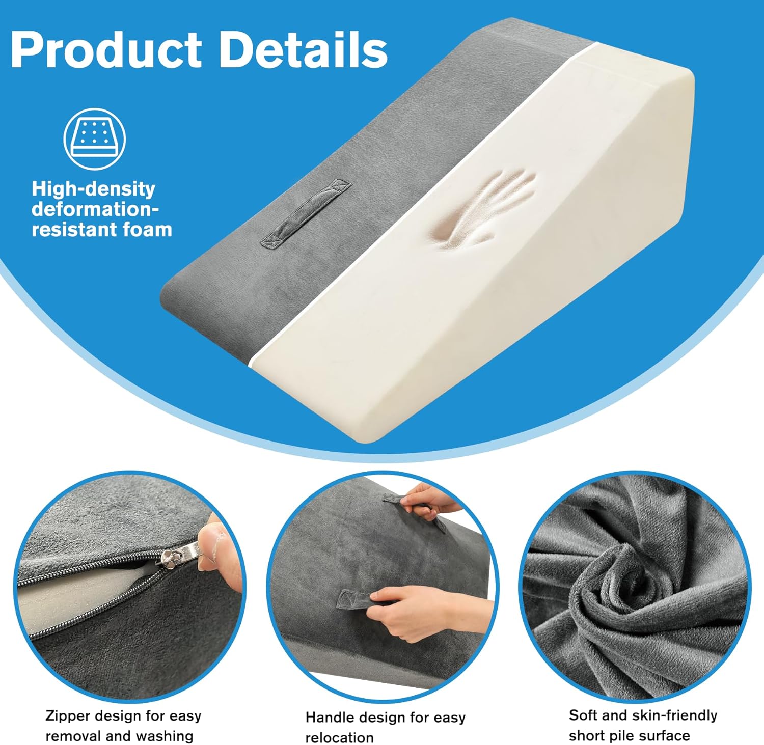 Leg Elevation Pillow, Trapezoidal Foot Elevation Pillow for Elevation for Swelling, Blood Circulation Support with Handle and Removable Cover (Grey)