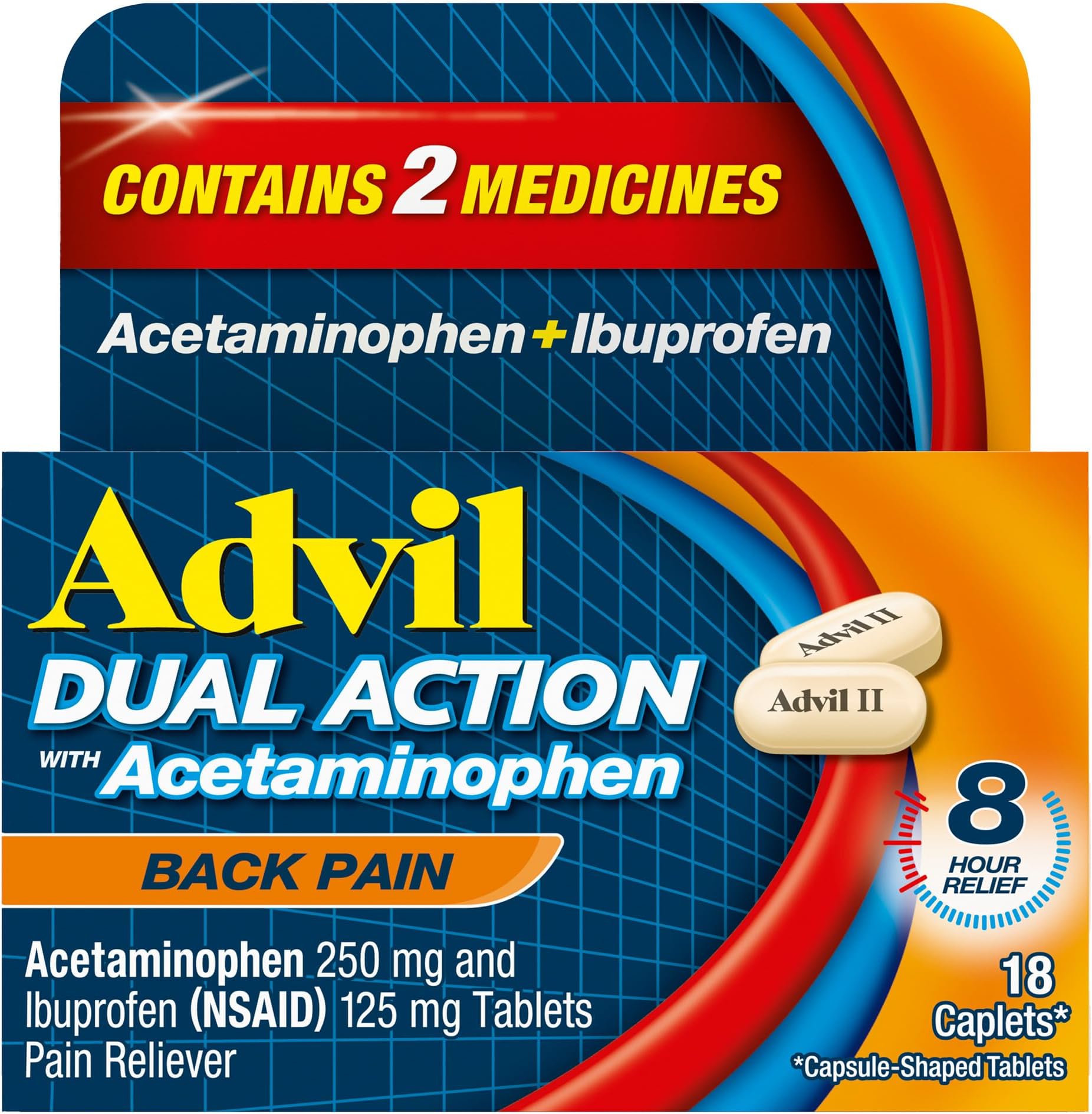 Dual Action Back Pain Caplets Delivers 250mg Ibuprofen and 500mg Acetaminophen Per Dose for 8 Hours of Back Pain Relief - 18 Count