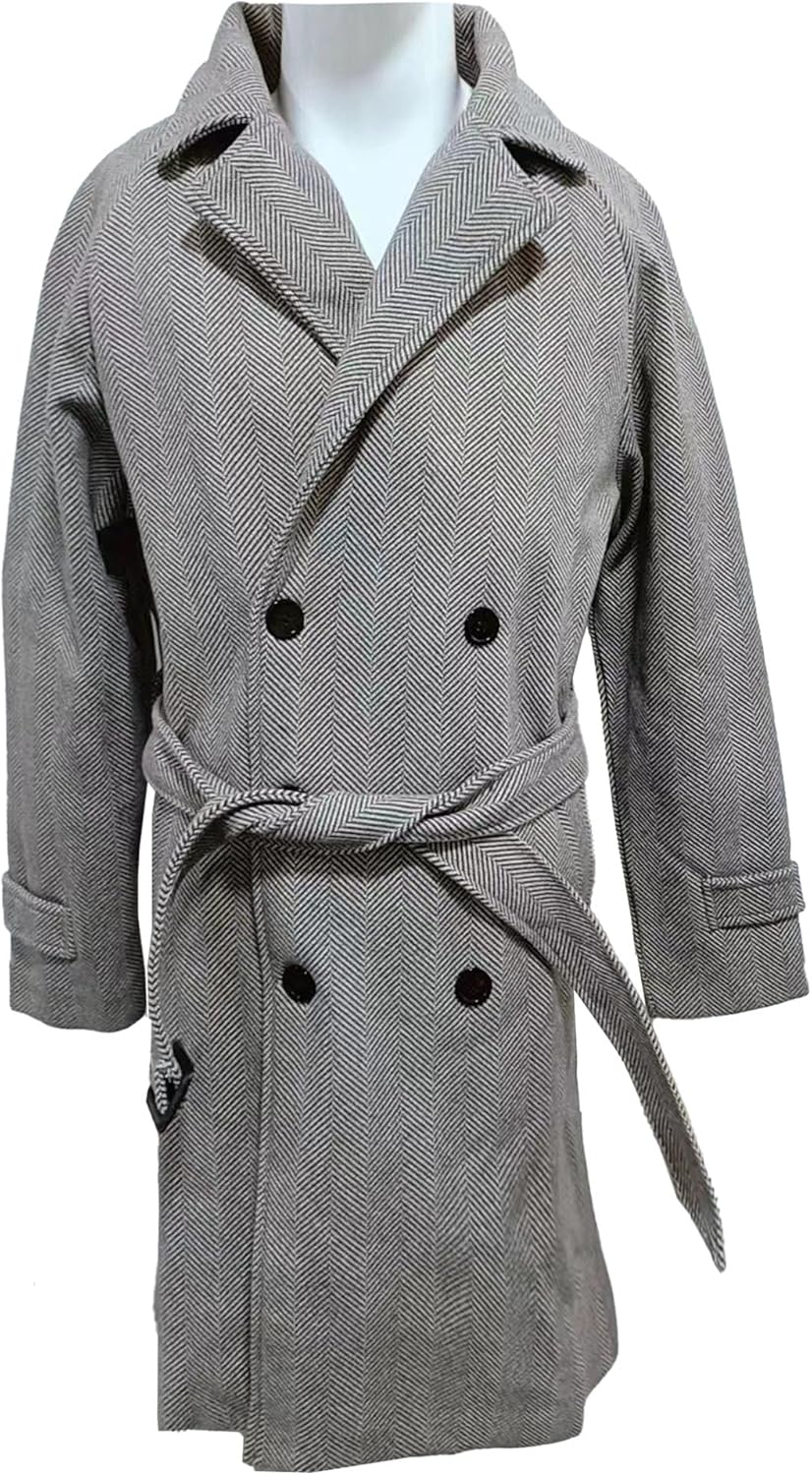 Men's Plaid Notched Lapel Wool Blend Coat Double-Breasted Padded Pea Coat Winter Mid Length Slim Fit Warm Overcoat