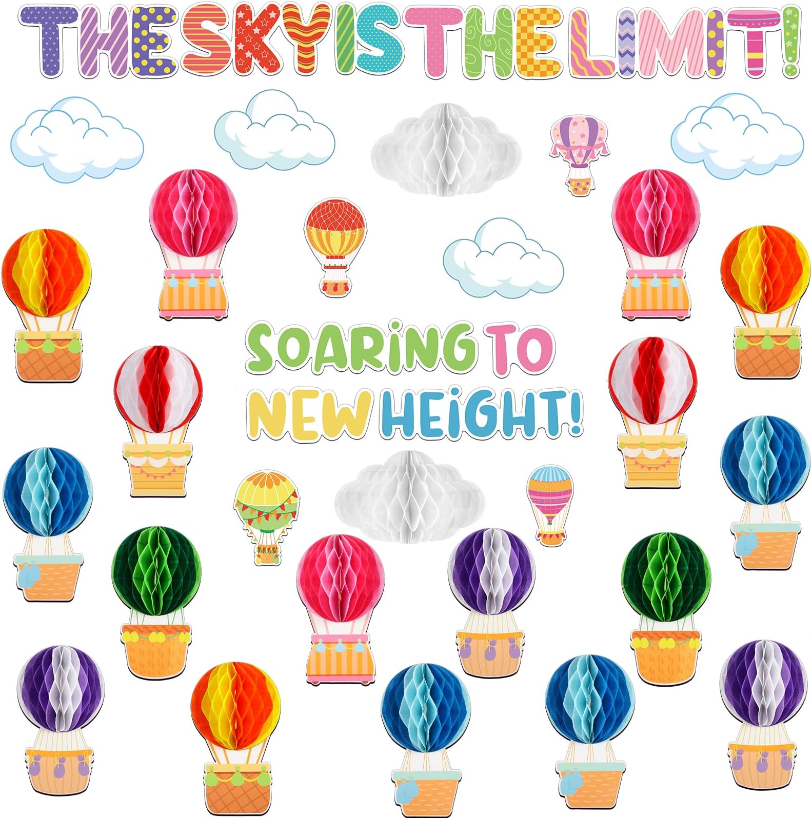 Crtiin 3D Hot Air Balloon Honeycomb Bulletin Board Set for School Classroom Decoration, Balloon Artcraft Cutouts with Honeycomb for Back to School Kindergarten Decor The Sky Is The Limit (Cute)
